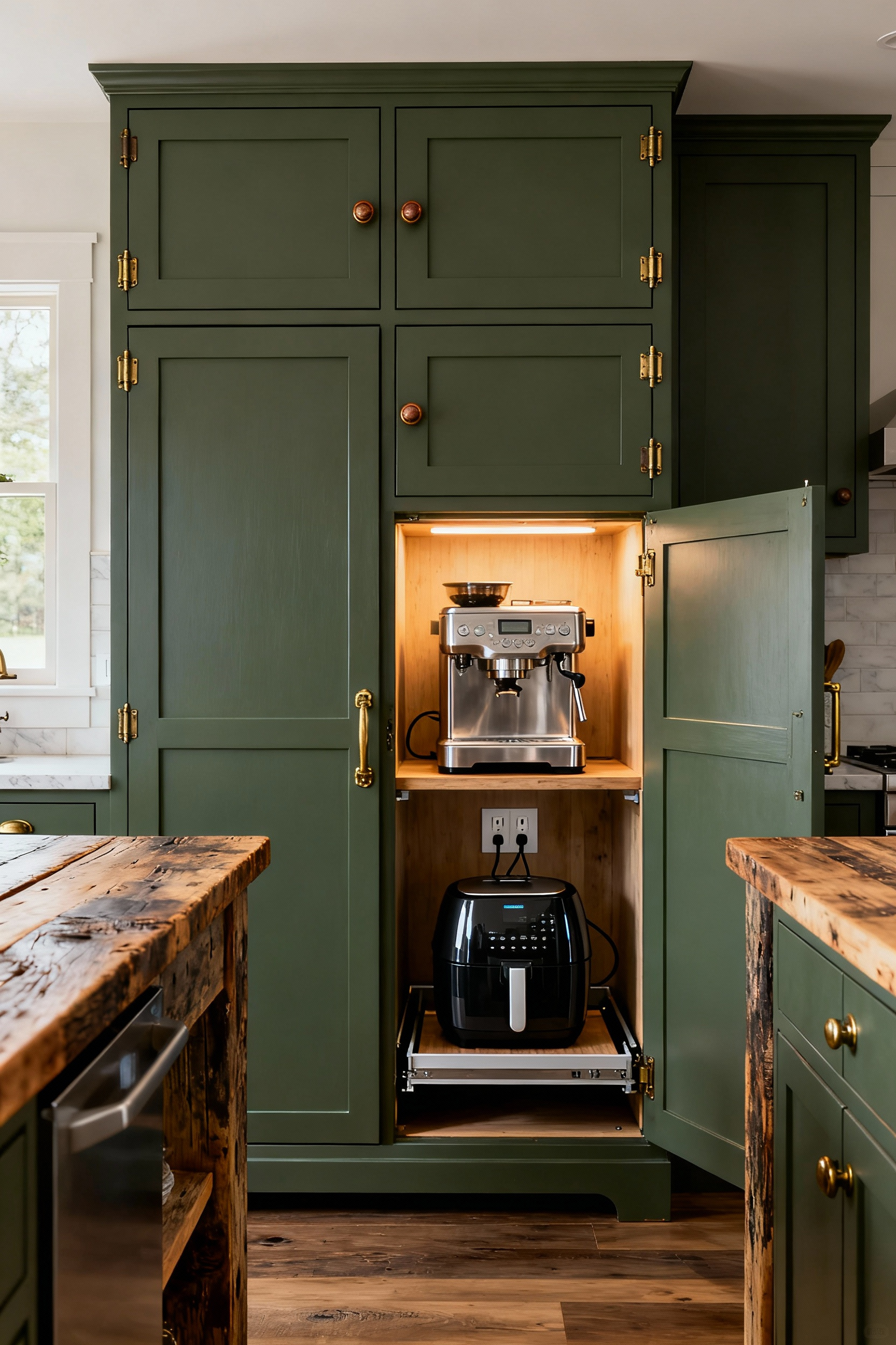 Built-in modern farmhouse larder cabinet with doors open, revealing an appliance garage housing a sleek espresso machine and small air fryer, keeping the reclaimed wood counters clutter-free.