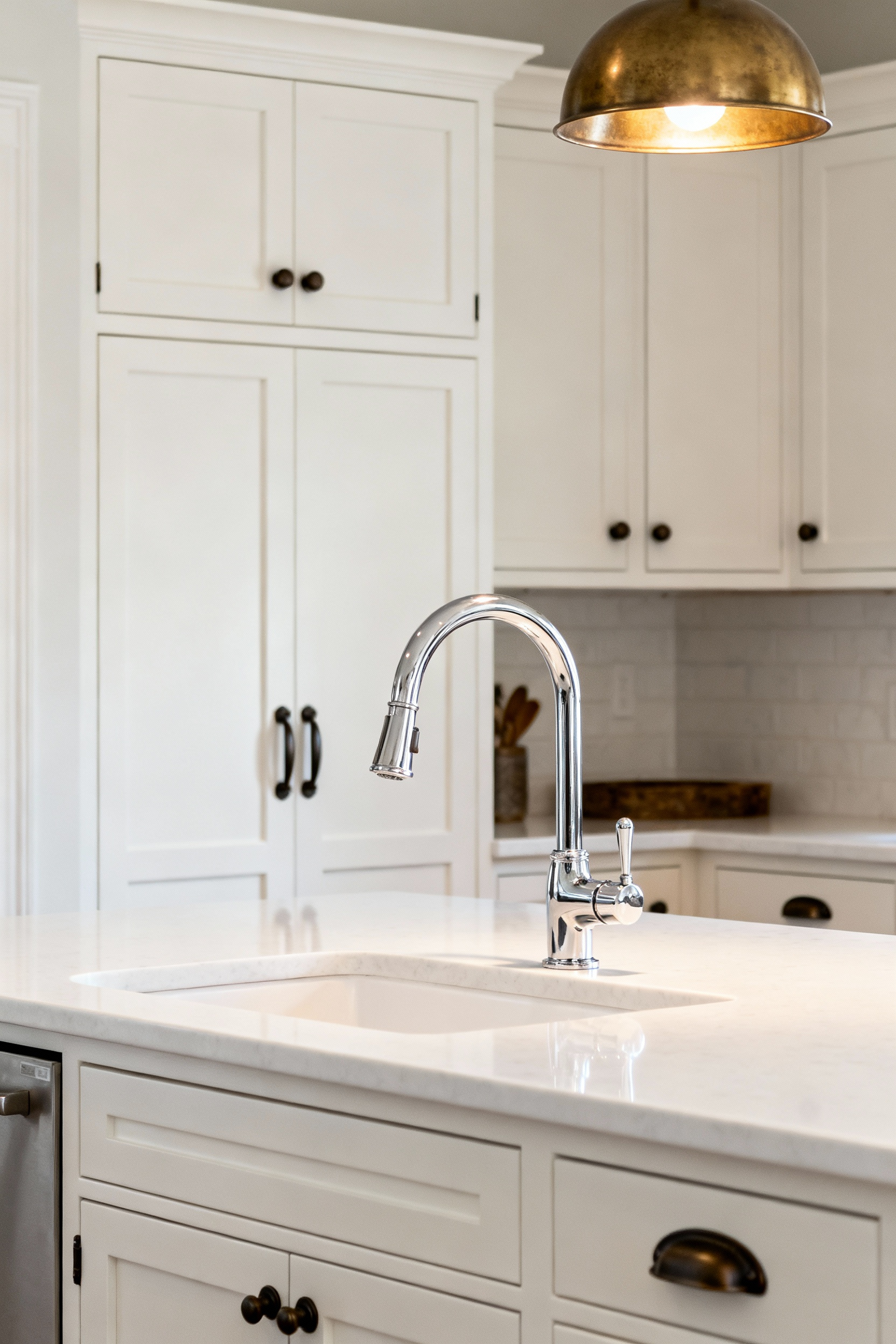 A modern farmhouse kitchen displaying a layered mix of metal finishes: dark iron cabinet hardware, a polished nickel faucet, and an antique brass pendant light.