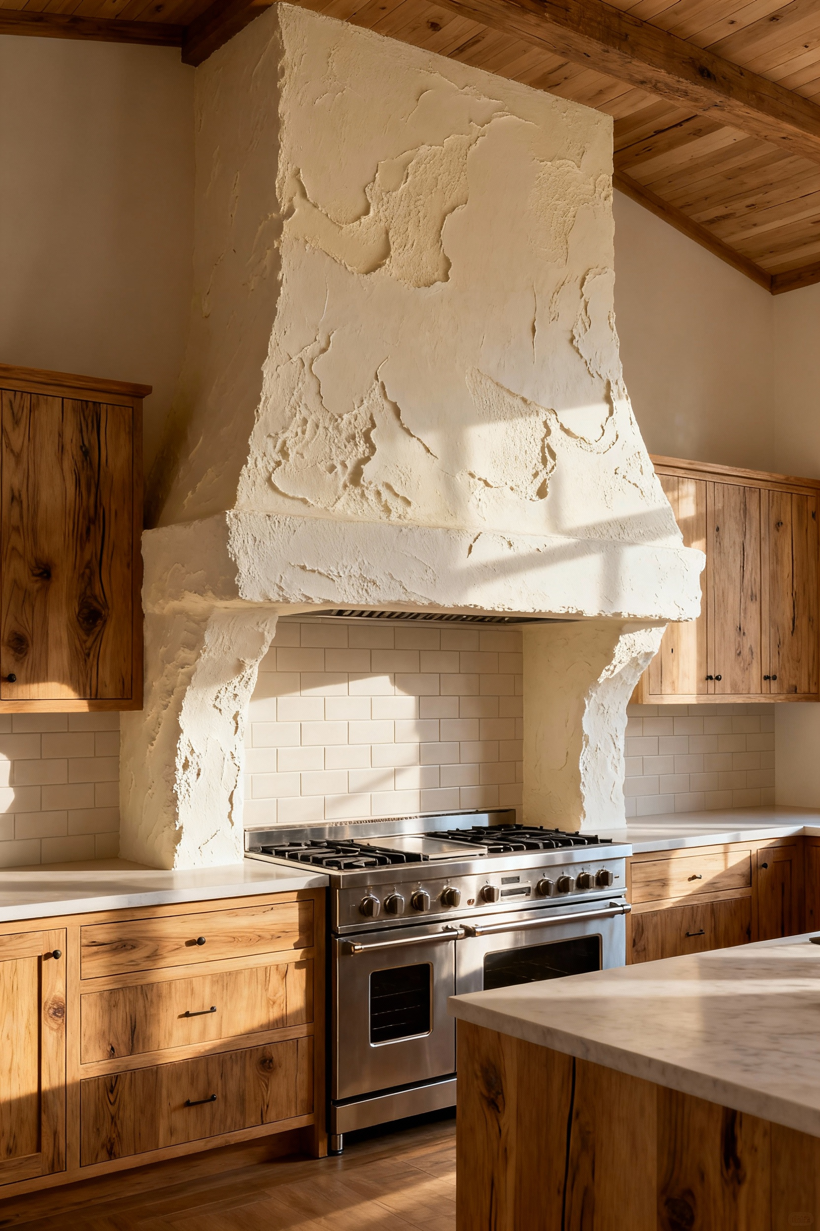 A stunning modern farmhouse kitchen featuring a monumental, textured, hand-troweled plaster range hood extending fully to the ceiling, replacing traditional stainless steel for an organic architectural statement.