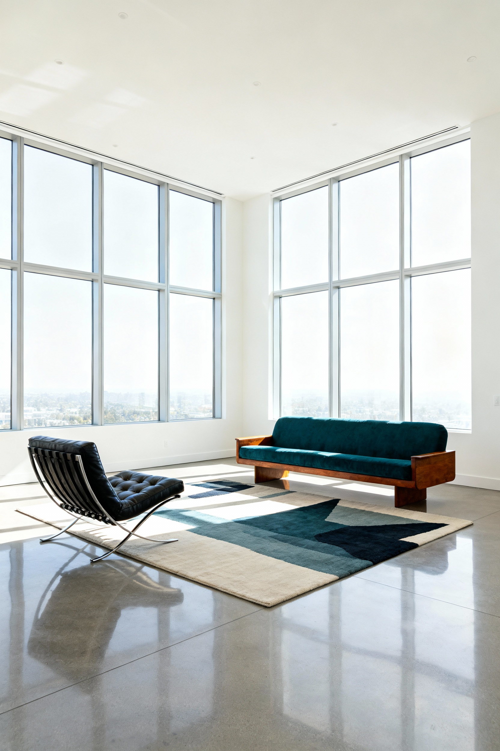 A modern living room with a floating layout, featuring a black Barcelona chair and a teak-framed sofa placed centrally, emphasizing the furniture's sculptural autonomy.