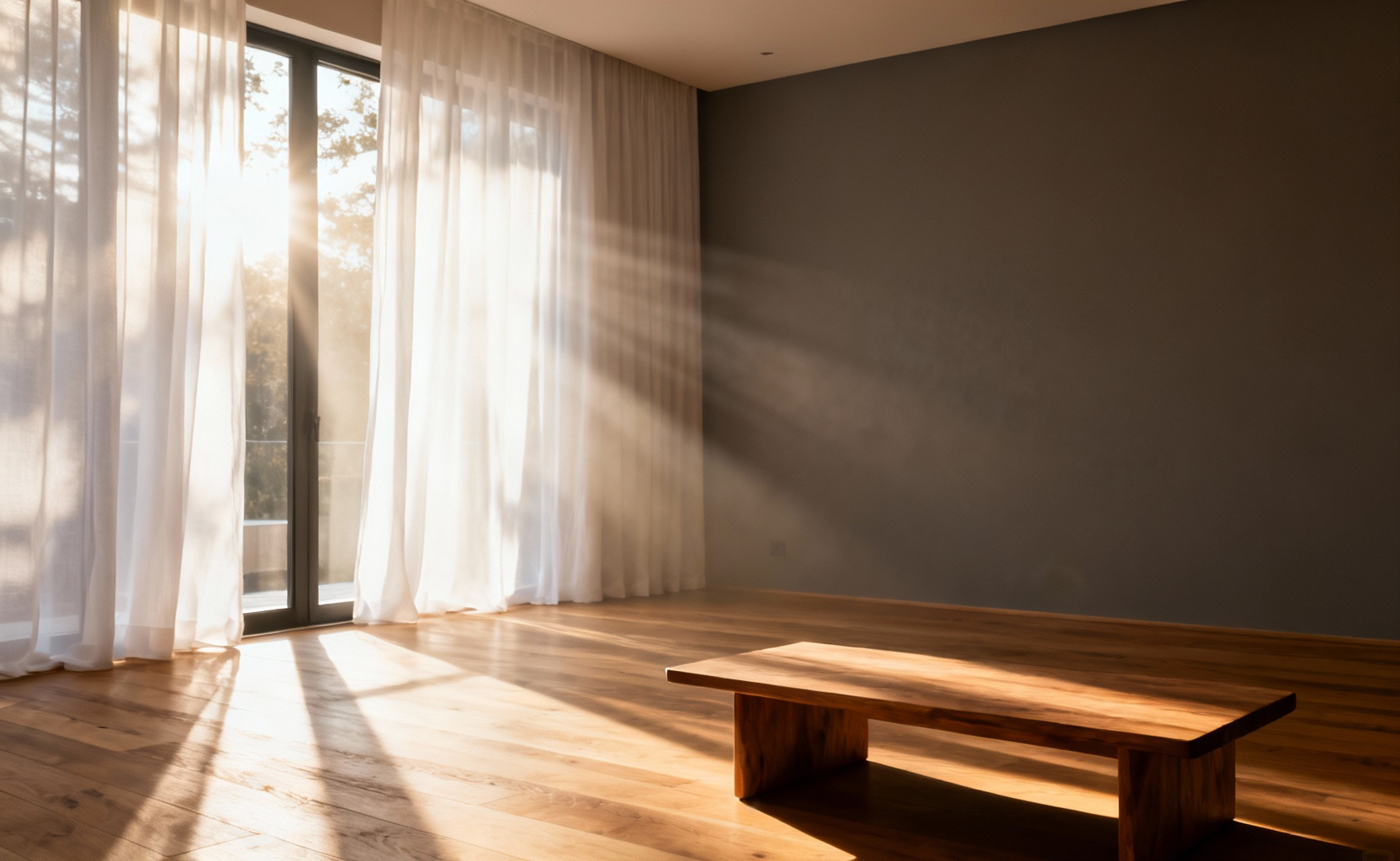 A photograph of a modern living room where sheer linen curtains diffuse bright sunlight, creating a soft, warm, low-contrast ethereal glow across natural wood floors and matte gray walls.