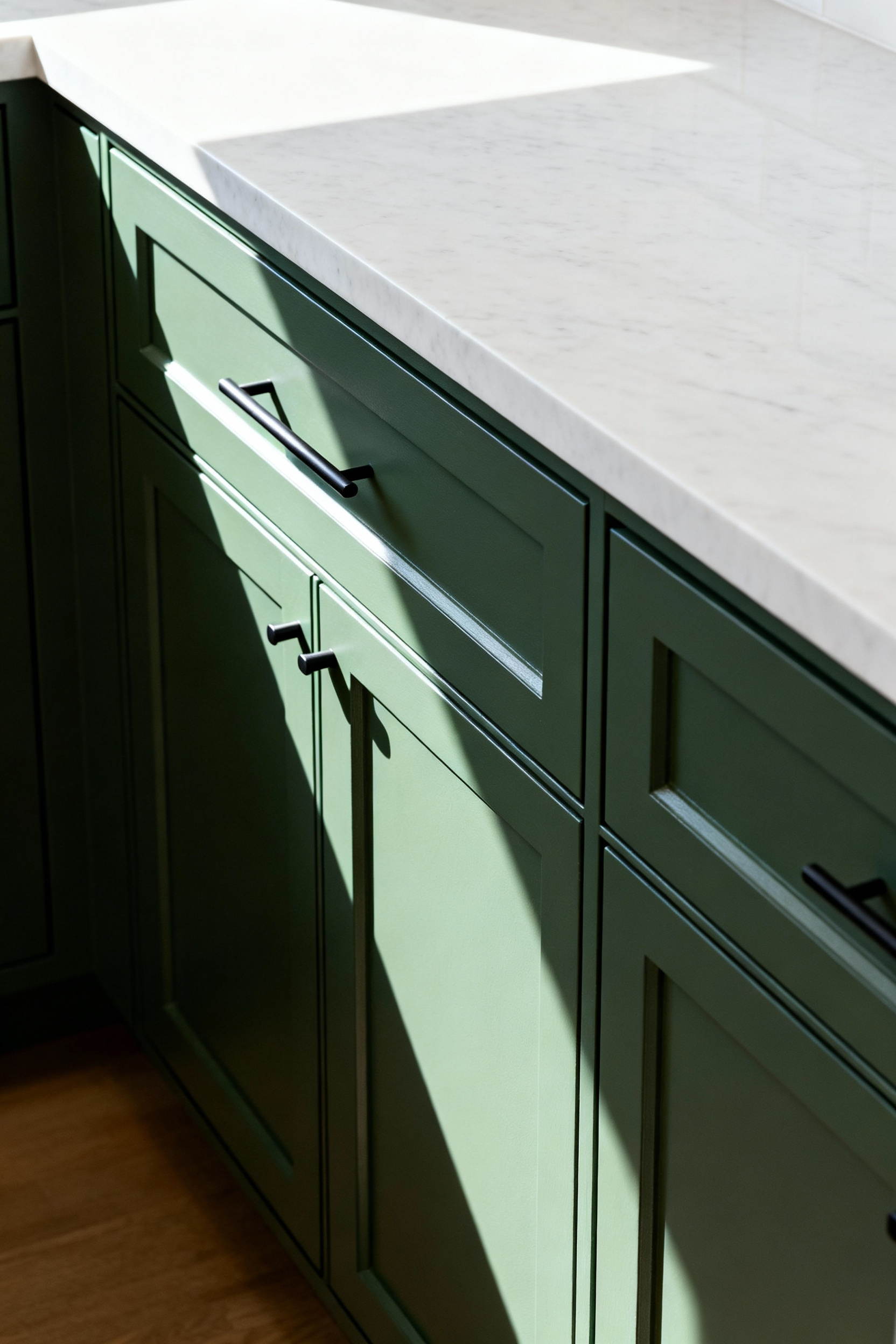 Close-up of deep sage green kitchen cabinets featuring the "Skinny Shaker" style with very narrow door rails and sleek modern black hardware, set against a white countertop.