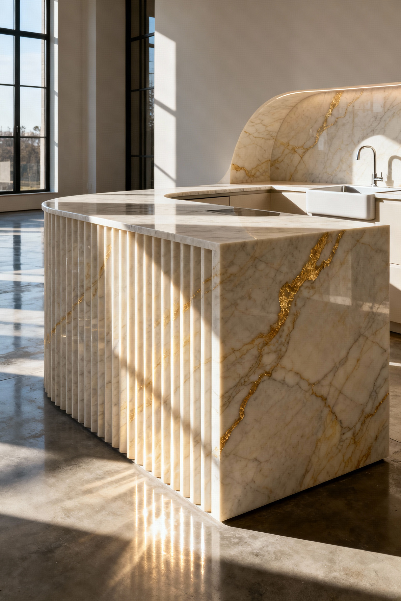 A monolithic quartzite kitchen island featuring deep vertical fluting, seamlessly integrated with a coved backsplash and sink, demonstrating 5-axis sculptural stone fabrication in a luxury modern kitchen.