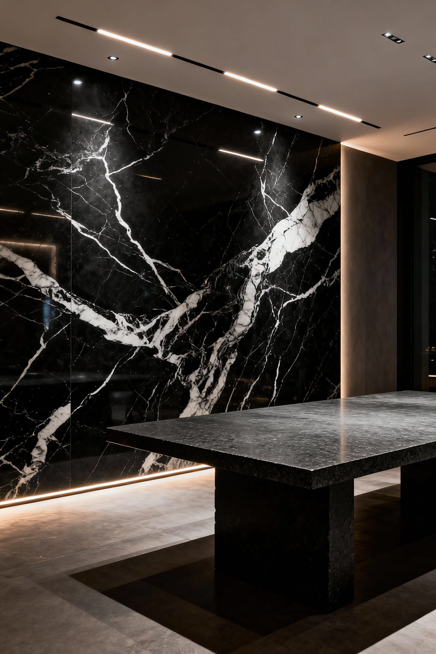 A sophisticated black dining room featuring a prominent wall of polished Nero Marquina marble and a honed basalt dining table, all dramatically lit to emphasize the natural stone textures.