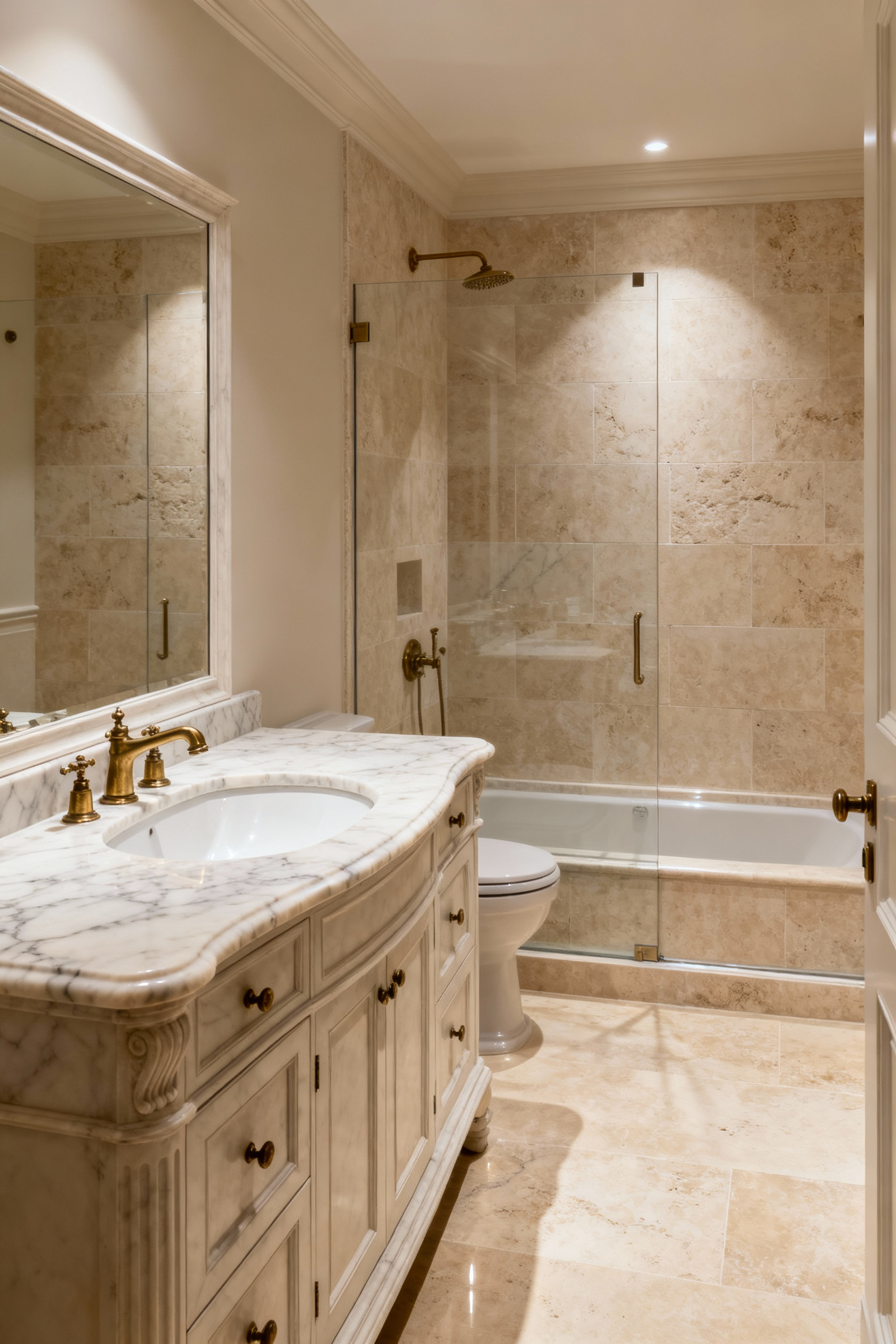 Luxurious traditional bathroom showcasing marble vanity, travertine shower, and limestone floor, highlighting the elegant use of natural stone surfaces.
