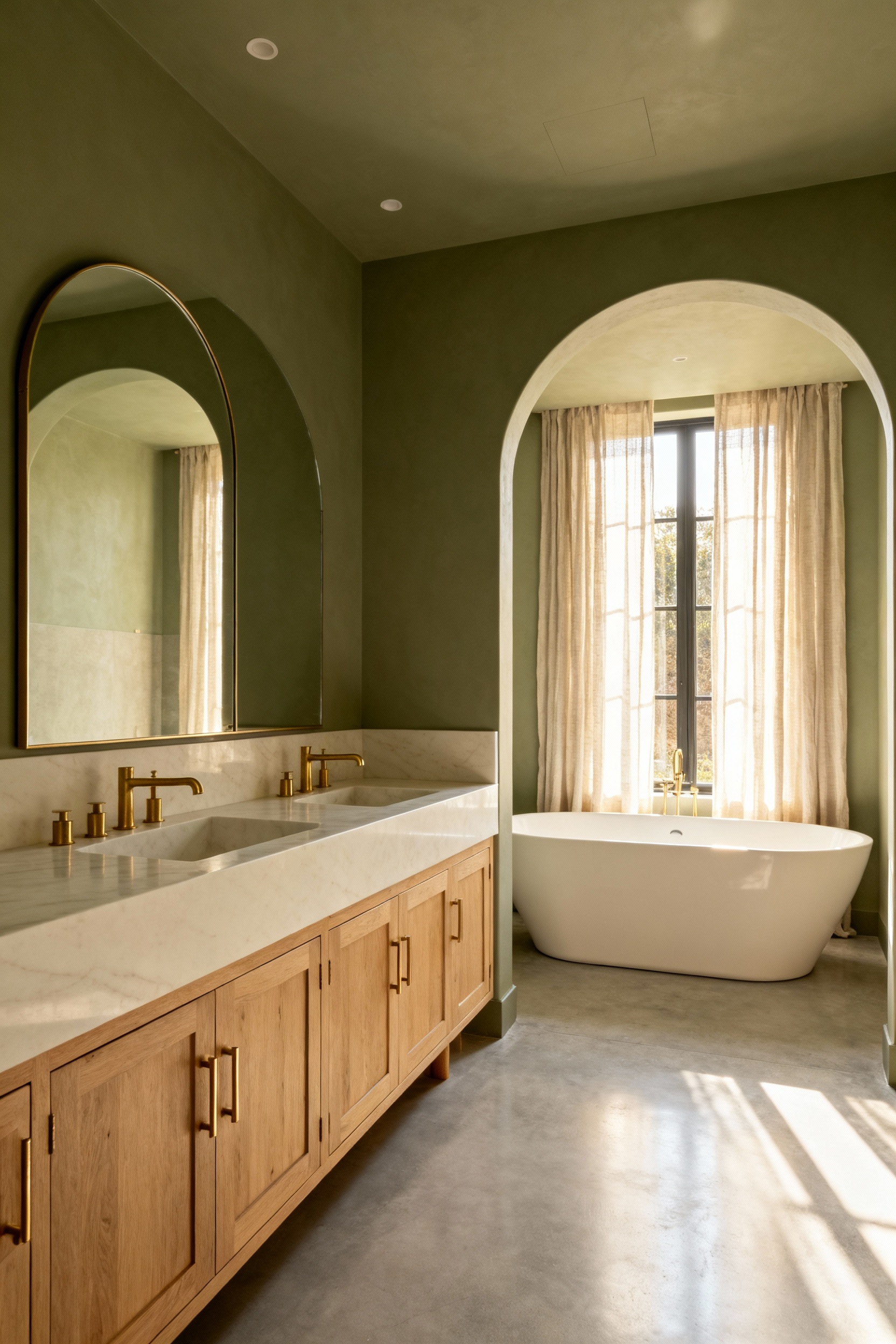 A spacious master bathroom where the walls are painted in a muted, grayish sage green serving as a neutral backdrop, paired with a light oak vanity and white marble countertop.