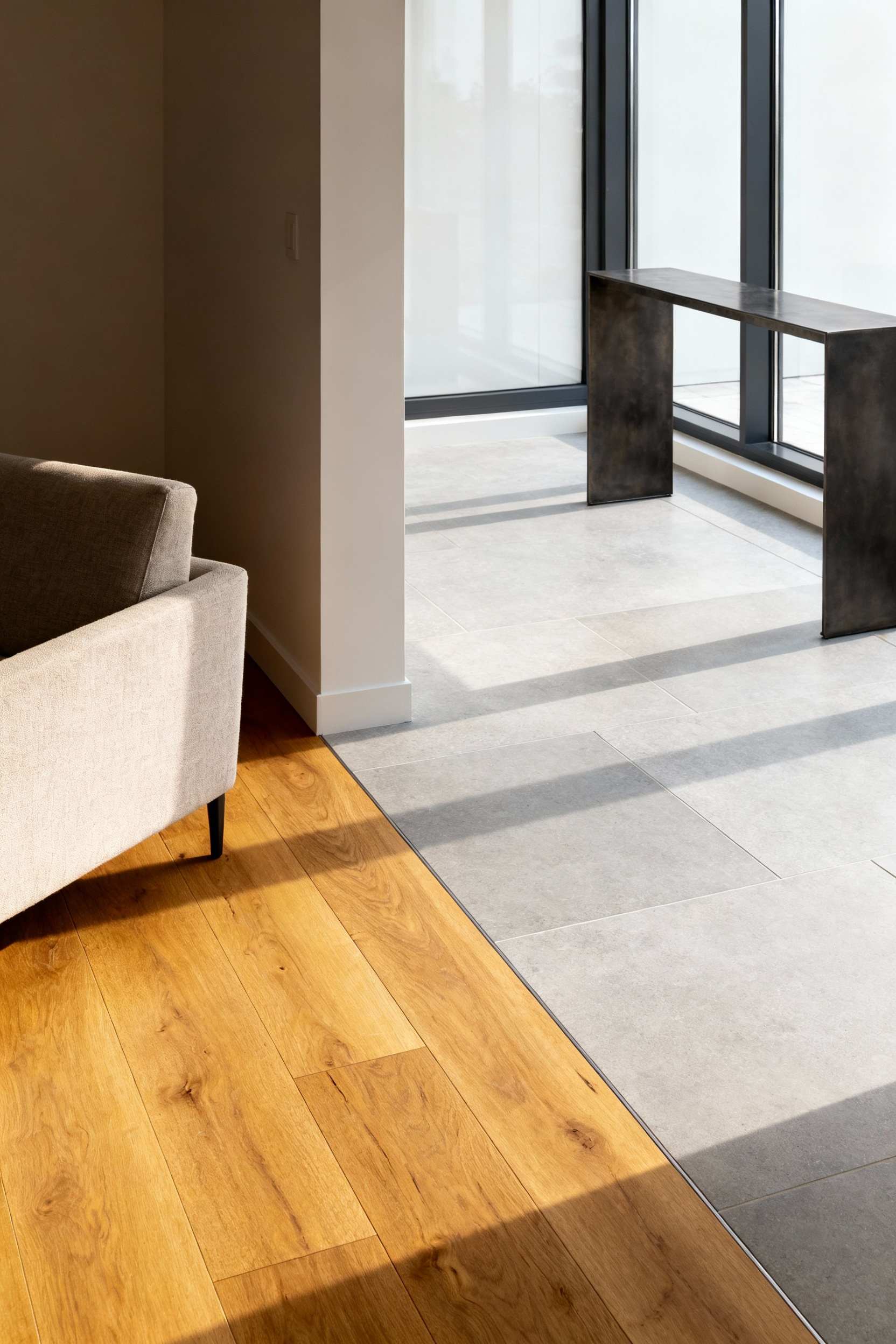 Open-plan living space demonstrating zoned flooring, featuring a sharp transition where warm, wide-plank oak wood meets cool, large-format grey limestone tiles near the entry area.