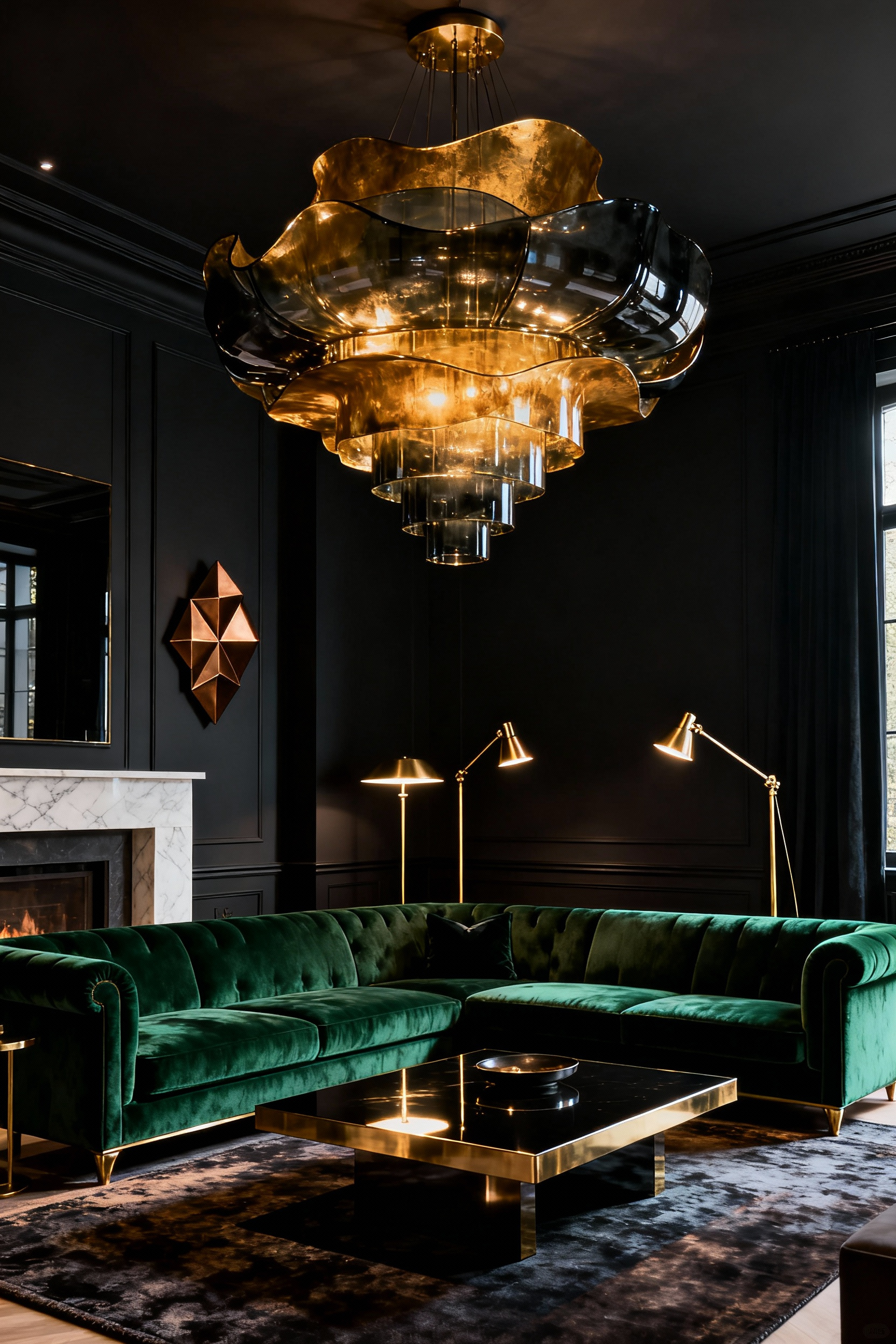 An opulent, formal living room showcasing layered interior lighting, featuring a bold, sculptural central chandelier, brass floor lamps, and velvet furniture against dark charcoal walls, creating a dramatic atmosphere.