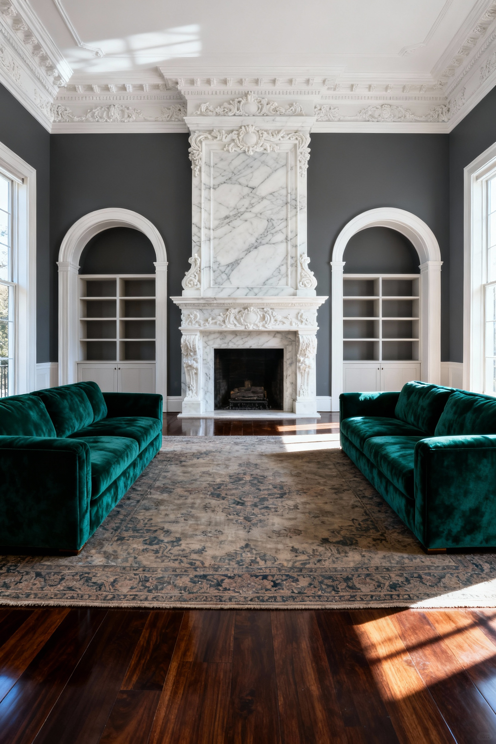 A photograph showcasing the architectural bones of a highly symmetrical formal living room featuring a towering white marble fireplace flanked by arched entrances, with two deep emerald velvet sofas placed in an opposing 'conversation pit' layout.