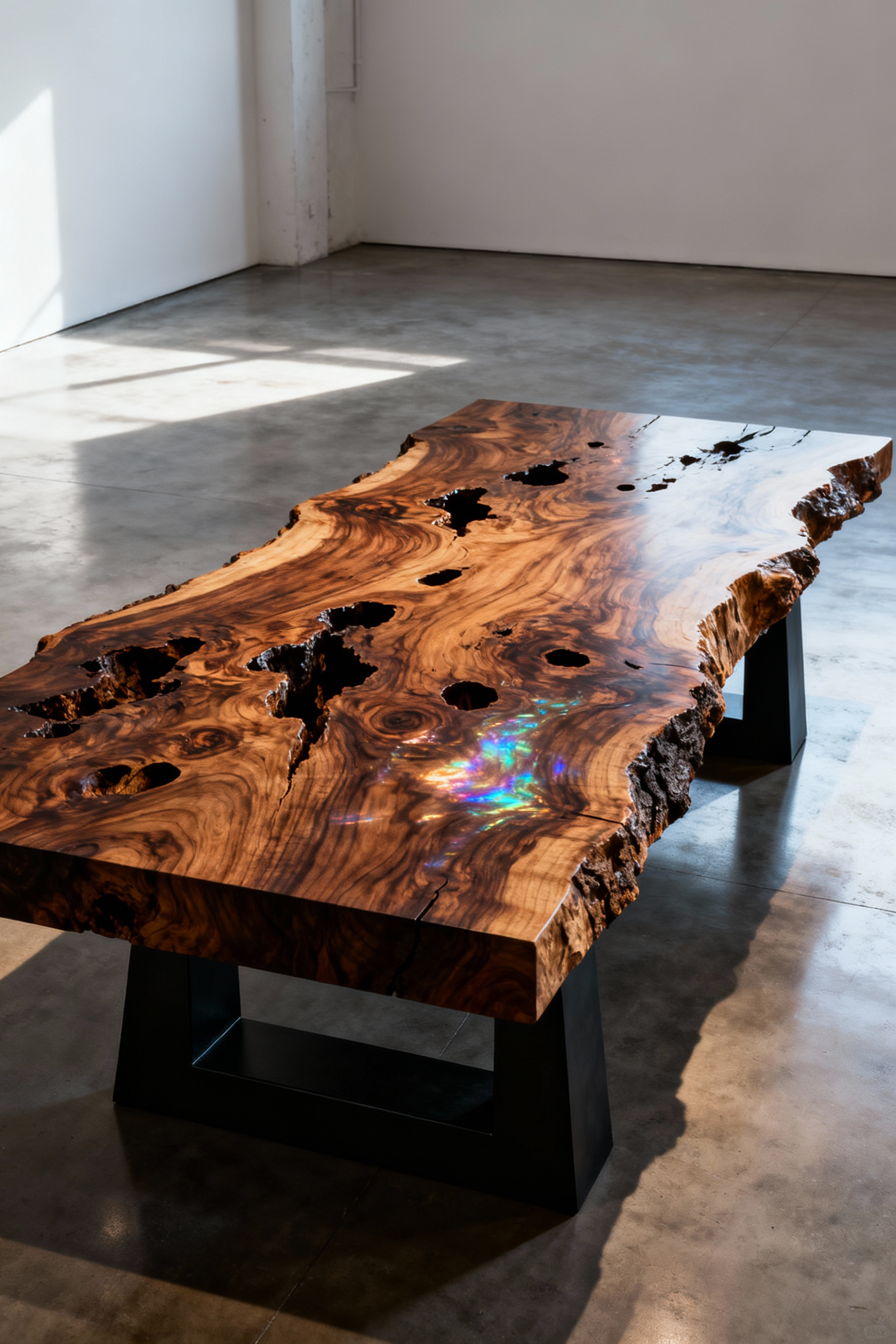 Low-angle shot of a massive, sculptural live-edge walnut burl coffee table, featuring highly figured holographic grain and deep natural voids, resting on brutalist black steel legs in a minimalist concrete loft.