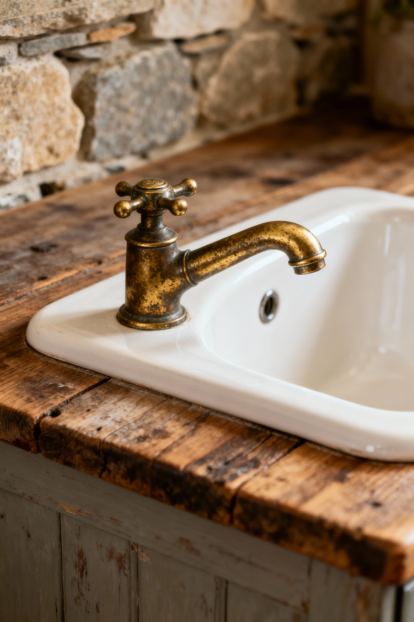 Close-up of a vintage unlacquered brass kitchen faucet showing heavy, rich patina (darkened mottled gold) against a white farmhouse sink, highlighting rustic kitchen decor.
