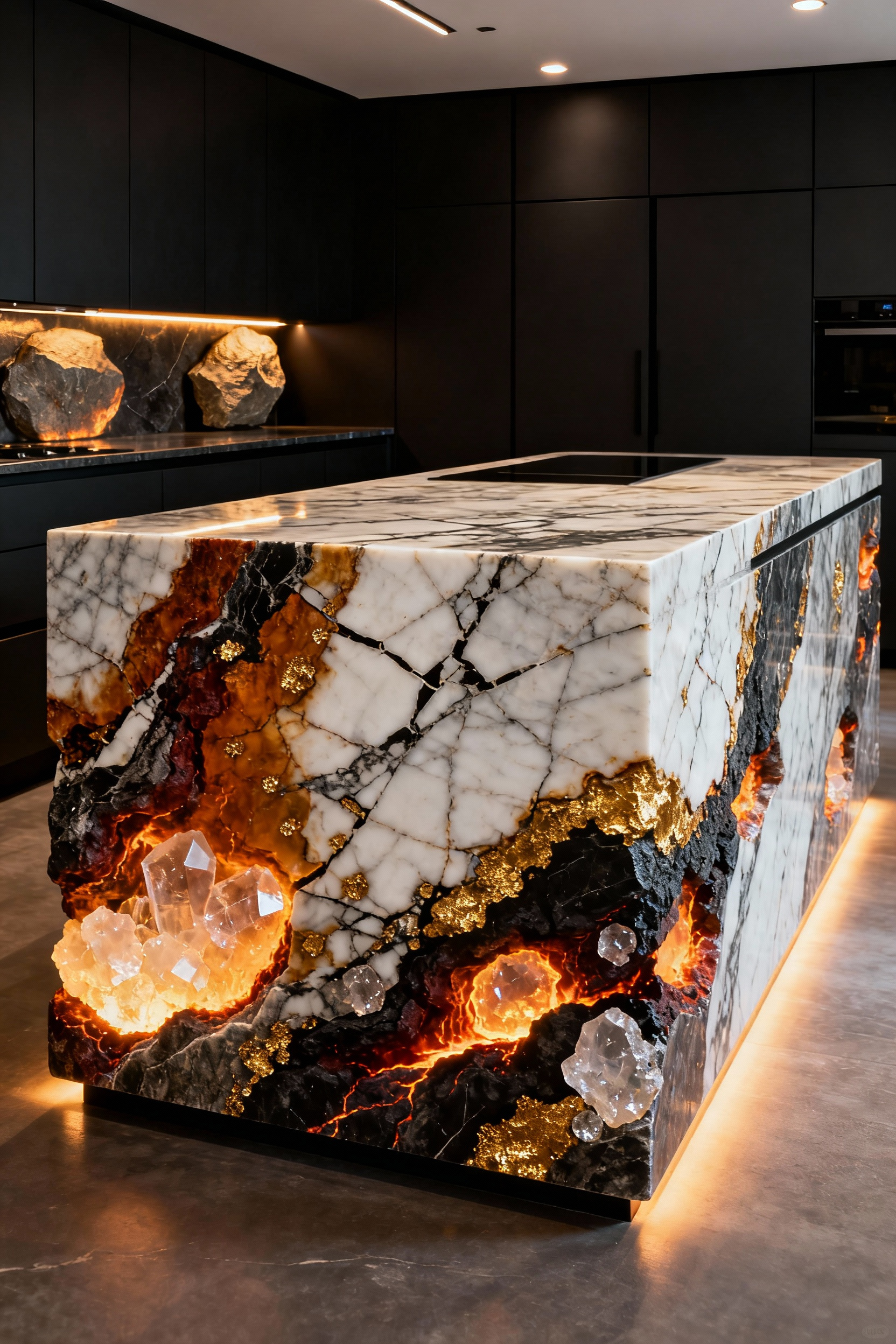 A contemporary luxury kitchen featuring a large central island made of intensely backlit Patagonia Granite quartzite, showcasing its glowing gold and white crystalline structures against sleek, dark cabinetry.