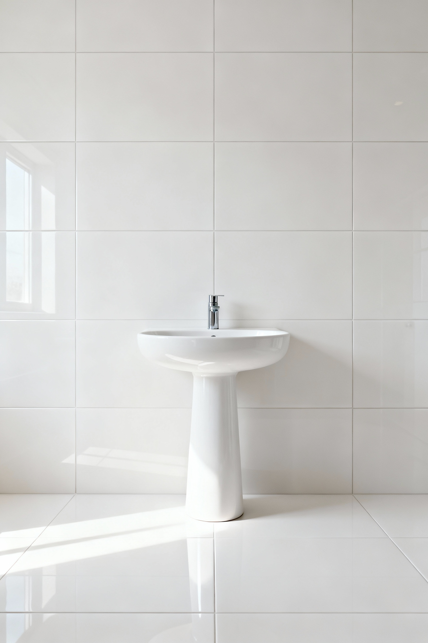 A pristine white bathroom with a freestanding pedestal basin surrounded by precisely aligned, large-format white ceramic tiles, creating reflective symmetry and a tranquil, luminous environment.