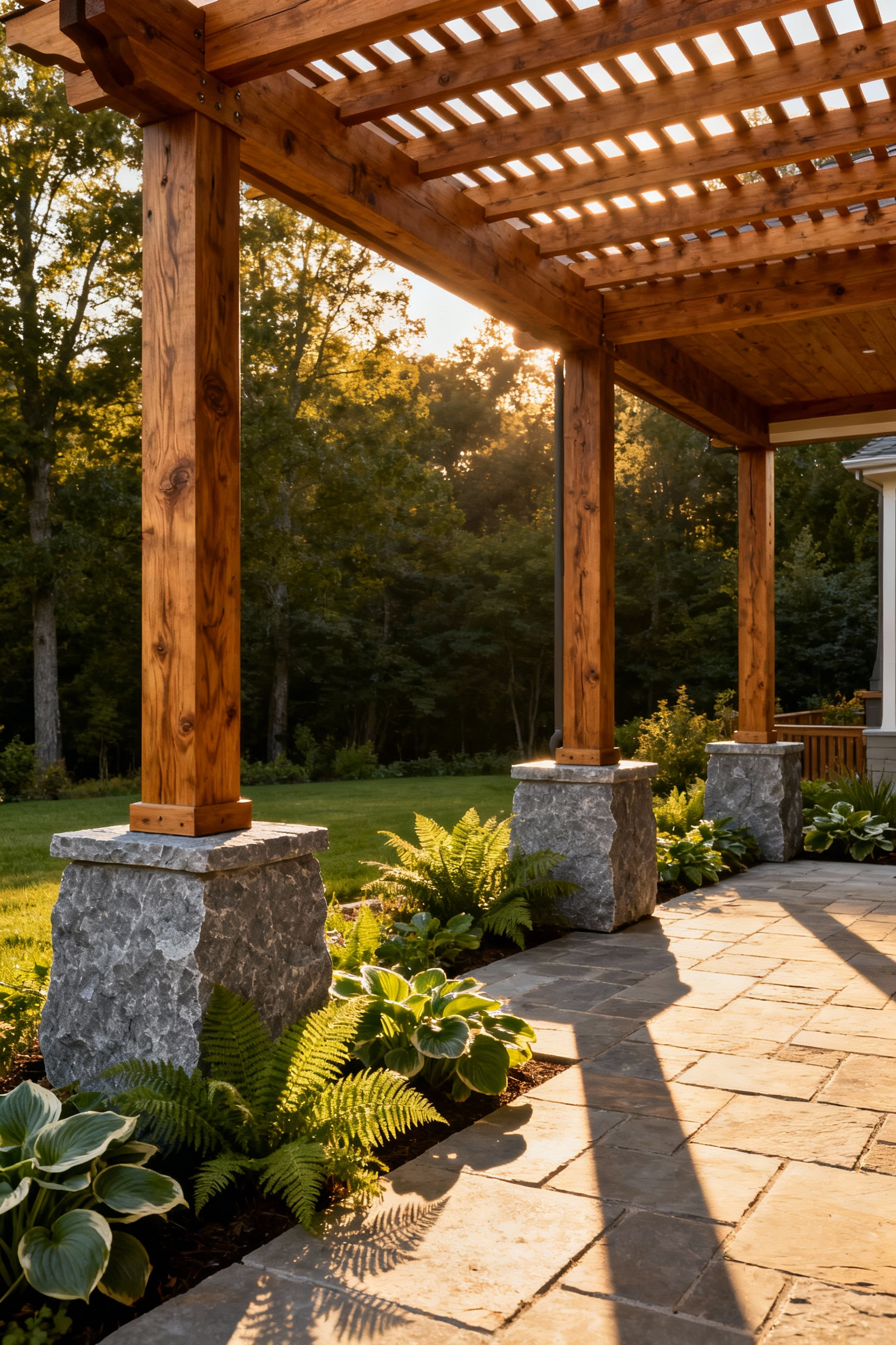 A substantial cedar pergola on a back patio, featuring heavy wooden columns resting firmly on large, rough-cut grey limestone plinths.