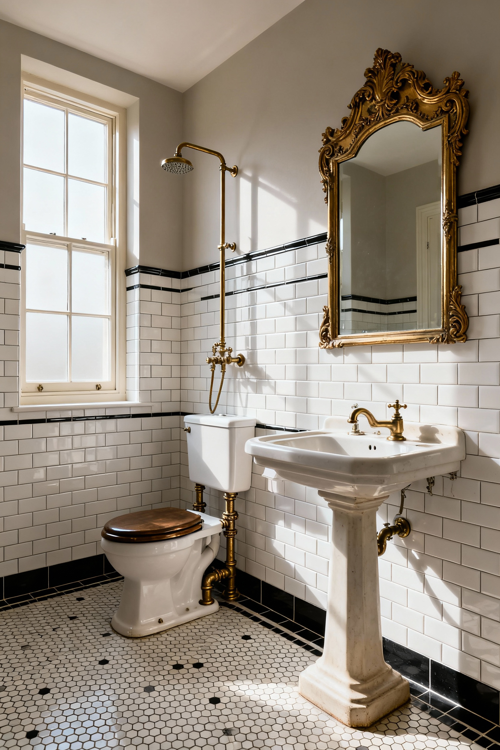 A traditional Edwardian-style bathroom with a restored pedestal sink, high-level toilet, white metro tiles with black trim, hex mosaic floor, and an unlacquered brass shower, illustrating authentic period-specific embellishments for bespoke character.