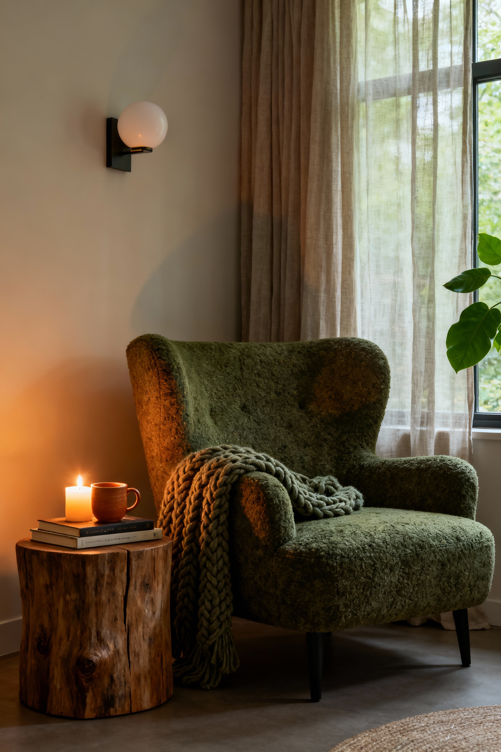A serene bedroom corner featuring a plush armchair, chunky knit blanket, soft diffused lighting, and natural elements, evoking a personalized cozy sanctuary without any people present.