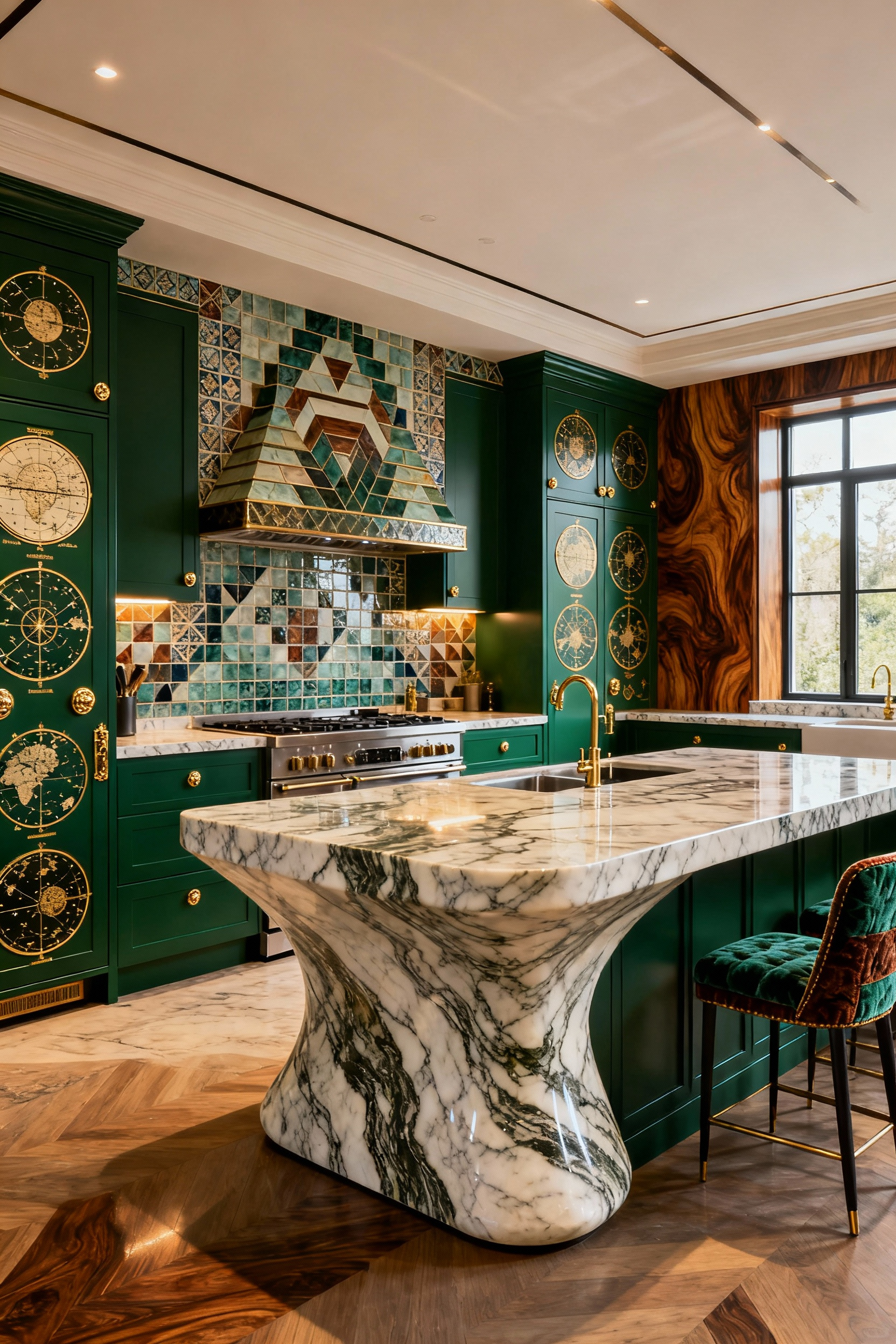 A luxurious, personalized modern kitchen with emerald custom cabinetry, a sculptural quartzite island, bespoke brass hardware, and rich textural layers. Reflects culinary expressiveness and unique style.