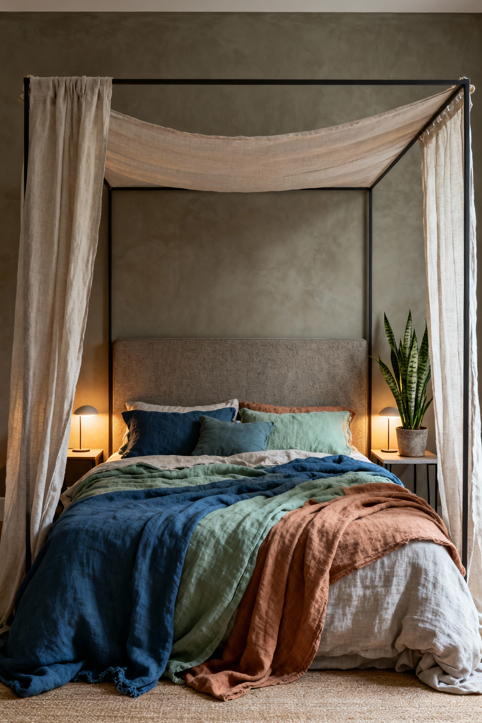 A beautifully crafted personalized sleep nook with a canopy bed, layered organic textiles in calming blues, greens, and warm neutrals. Soft, dimmable warm lighting. A Snake Plant sits on a bedside table, creating a tranquil micro-environment perfect for restorative sleep. No people.