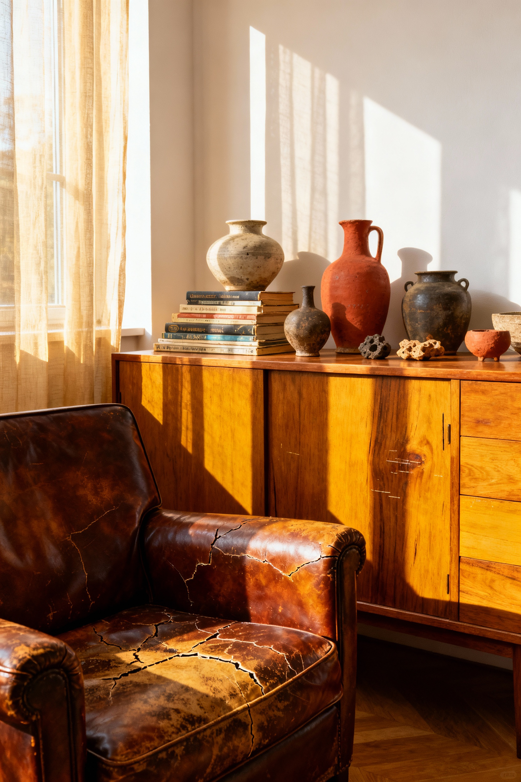 A highly curated, lived-in living room featuring a rich, patinated brown leather armchair and a mid-century sideboard displaying an eclectic collection of vintage travel artifacts, symbolizing a life's journey and emphasizing personality over pristine styling.