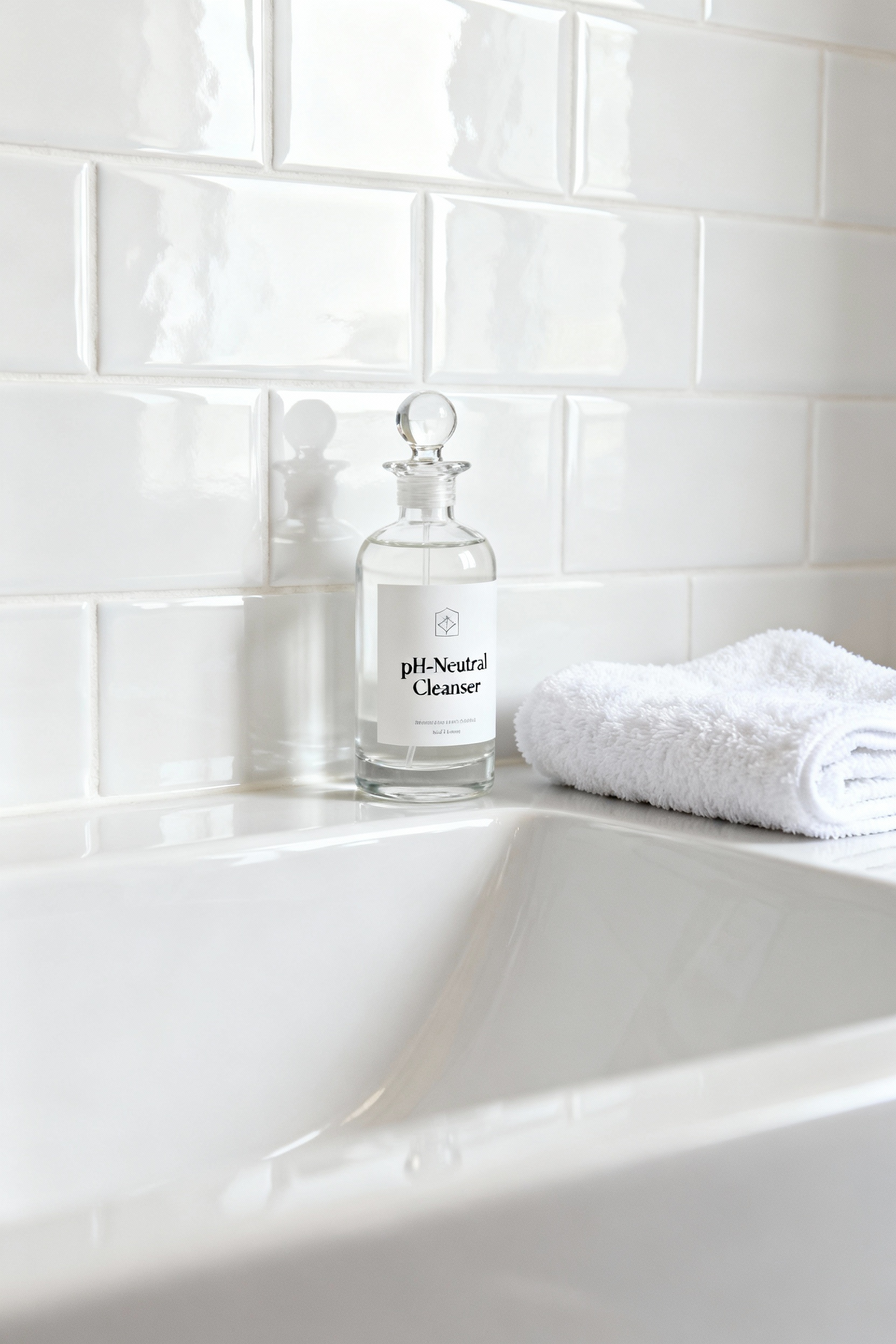 Close-up of elegant white glazed ceramic bathroom tiles reflecting soft light, with a pH-neutral cleaner bottle and microfiber cloth, symbolizing gentle tile glaze preservation.