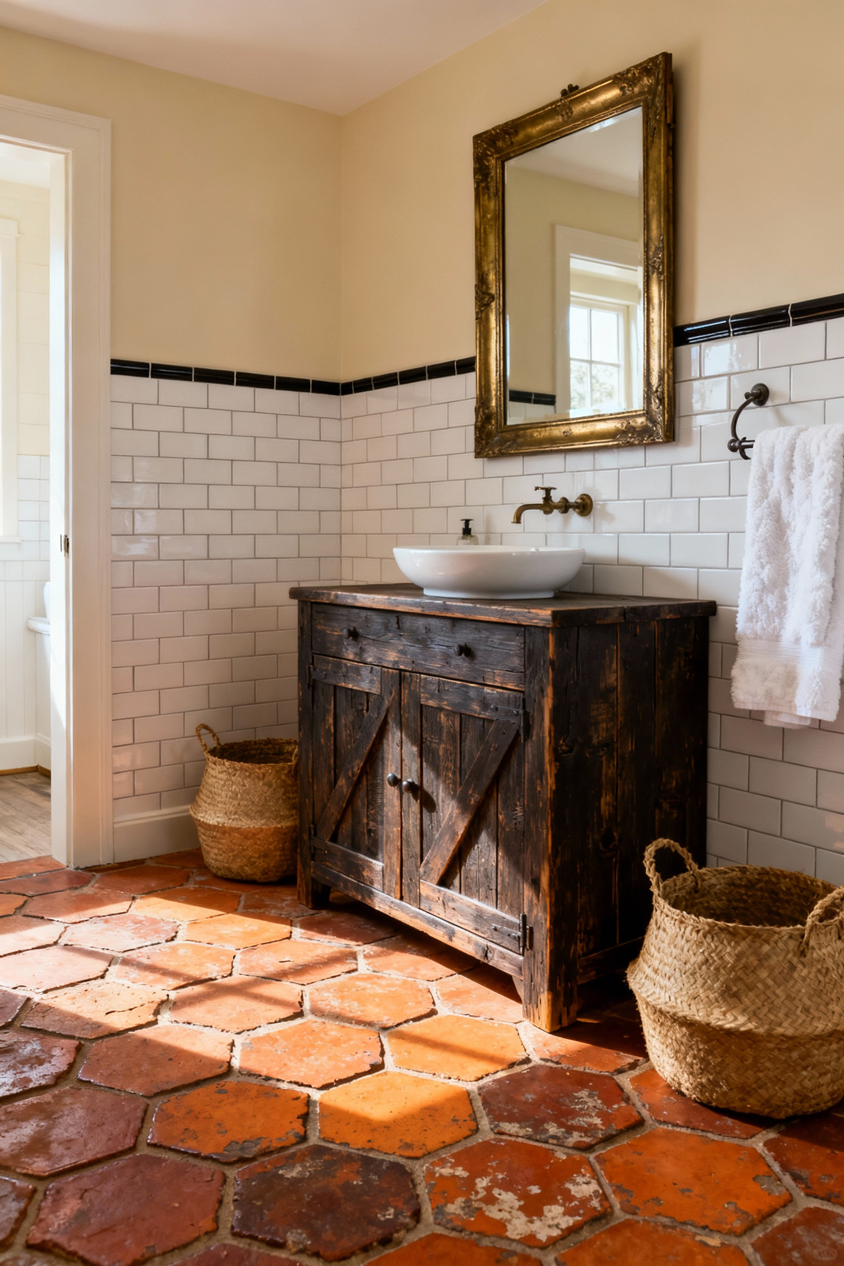 A spacious country farmhouse bathroom featuring warm, rustic reclaimed terracotta tile flooring paired with a dark reclaimed wood vanity and white subway tile wainscoting.