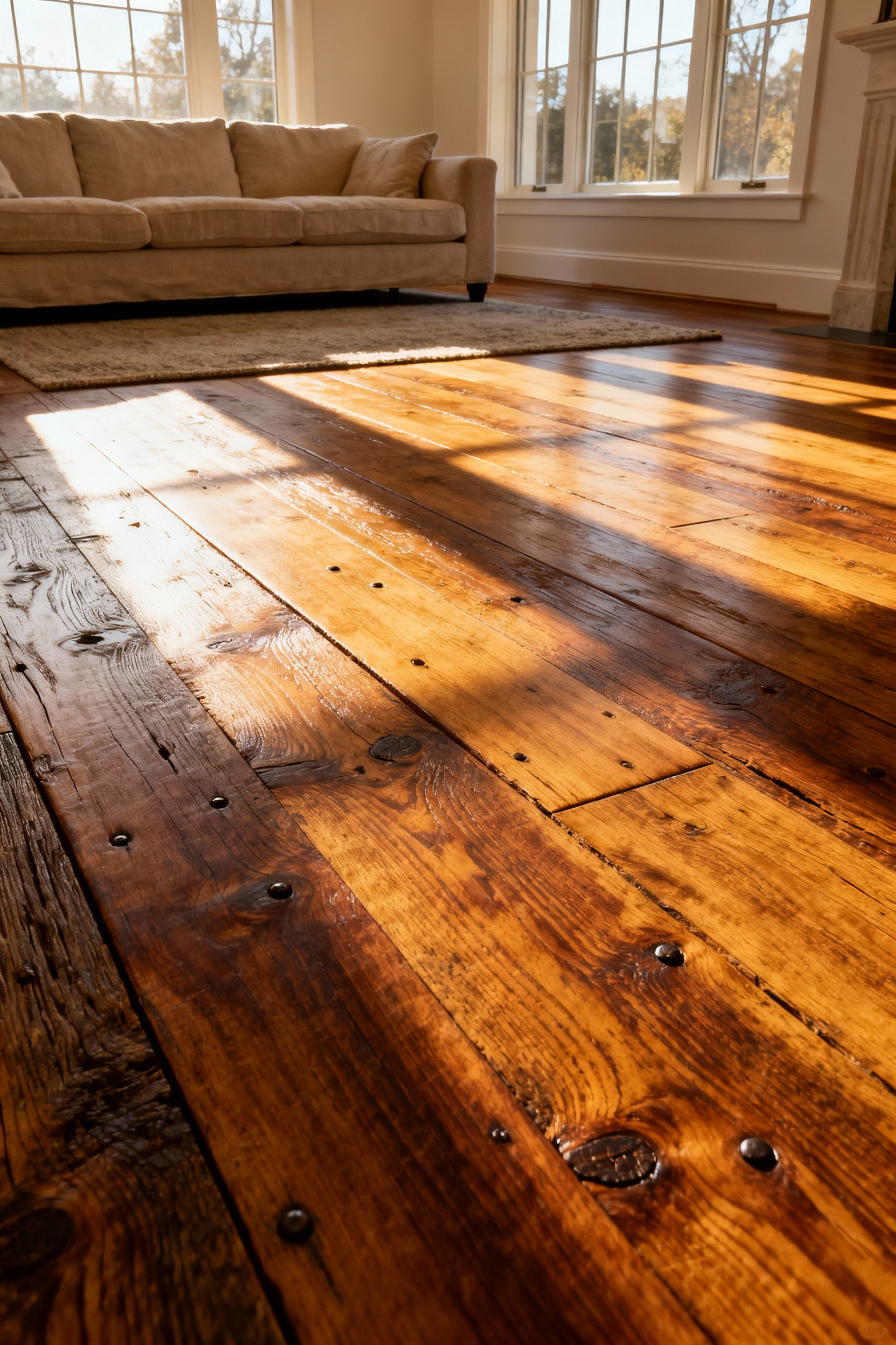 Wide-plank reclaimed timber flooring, showing deep texture and historical nail holes, lit by warm golden hour light in a modern living room.