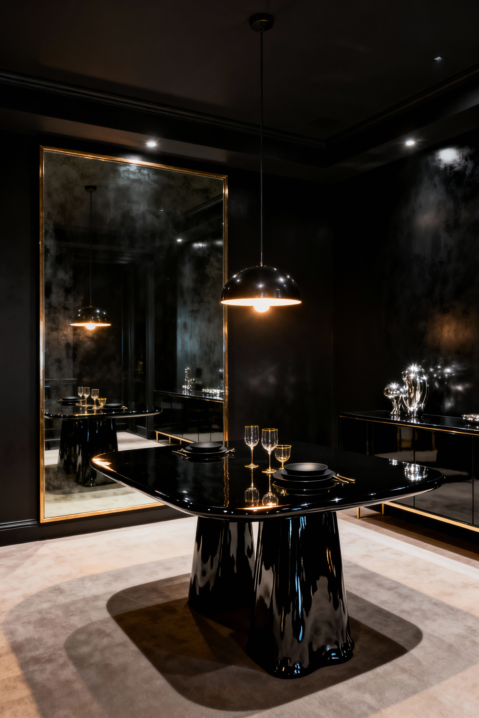 Elegant black dining room with highly reflective surfaces including a lacquered black table, a large smoked mirror with brass trim, and polished black walls. The scene emphasizes dramatic lighting and luxurious depth through reflections.