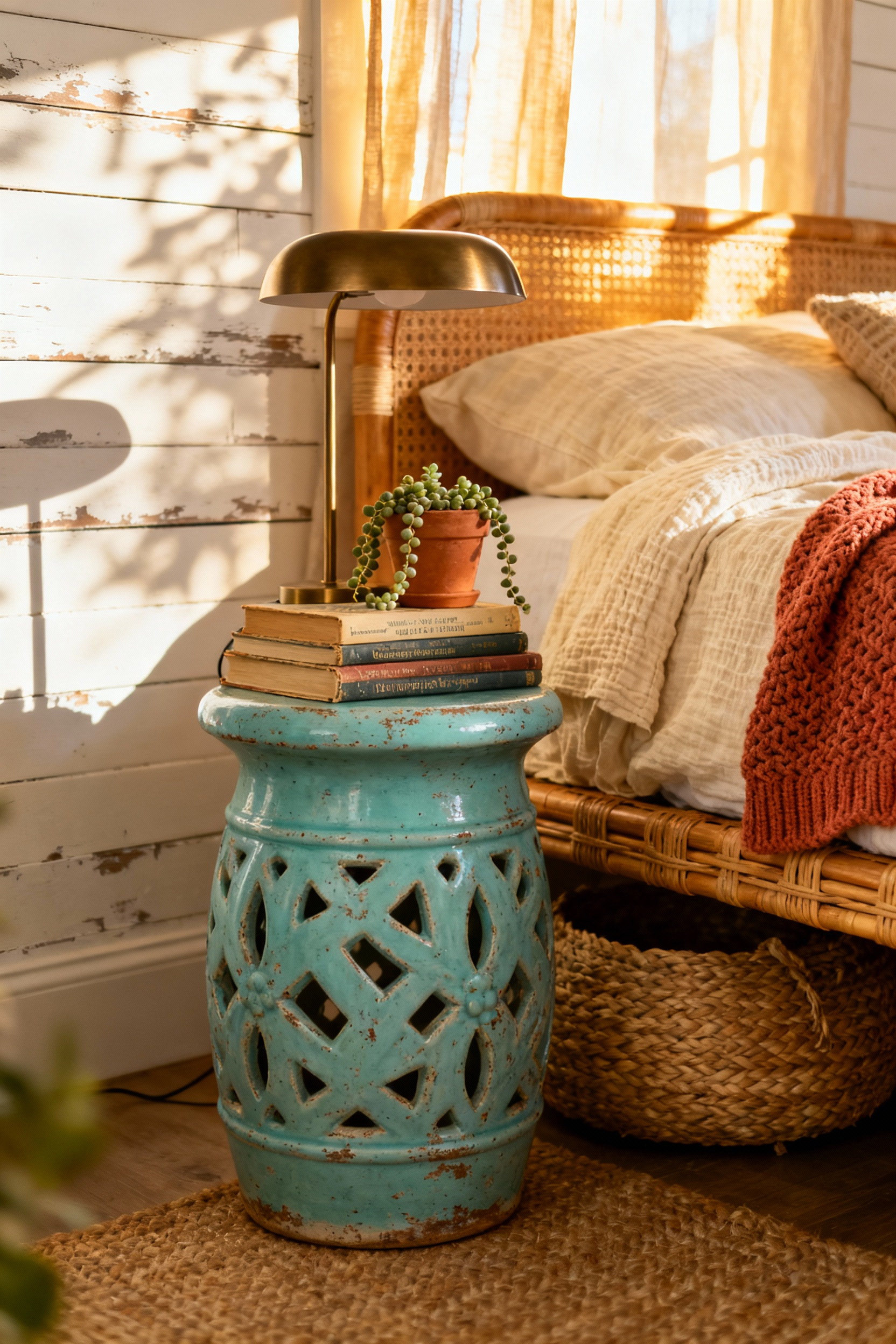 Vintage chipped aqua ceramic garden stool repurposed as a unique boho nightstand next to a rattan bed, demonstrating sustainable boho bedroom furniture design.