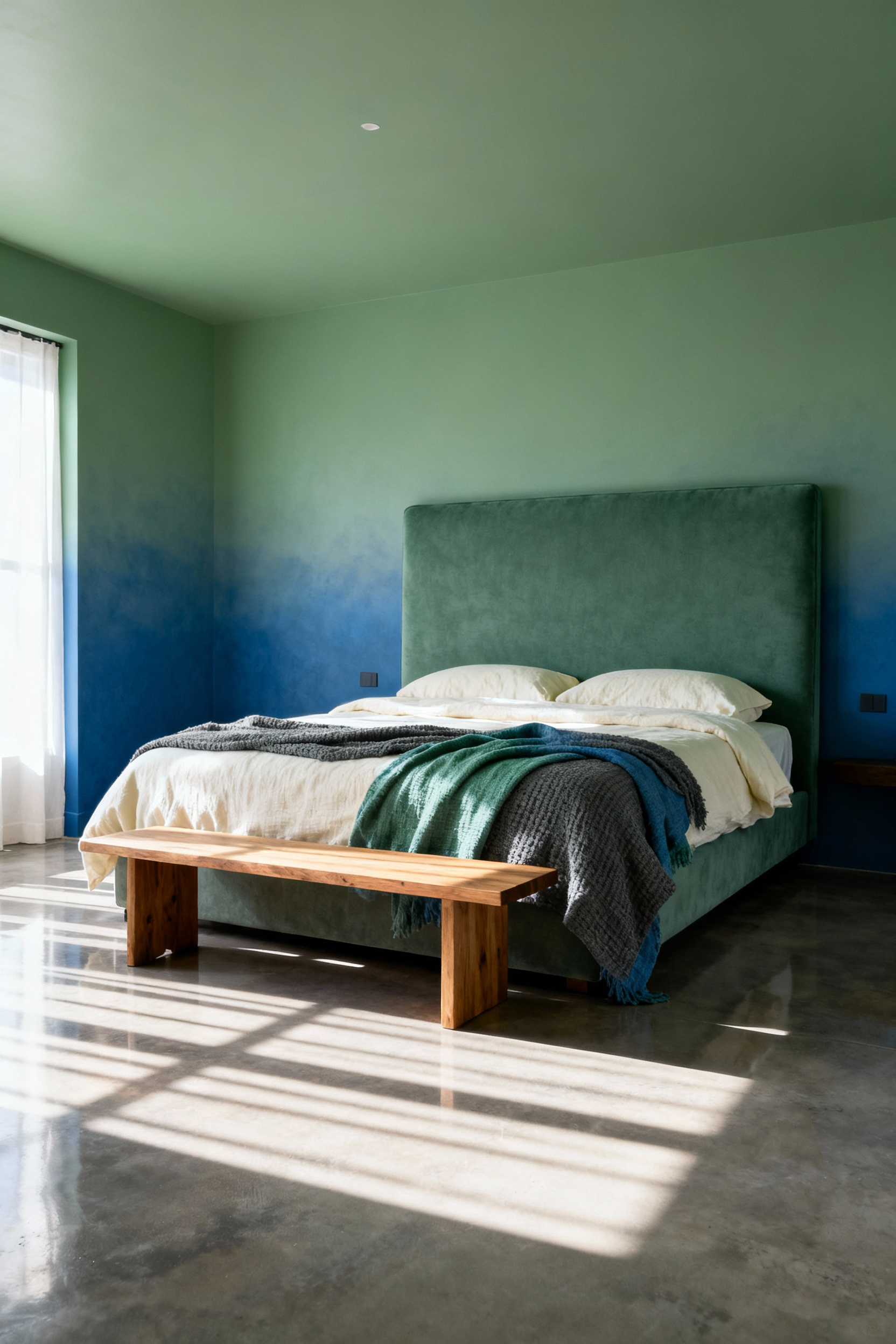 A photograph of a serene bedroom interior featuring matte sage green walls and cool-toned linen bedding, emphasizing a restorative aesthetic designed to promote deep rest.