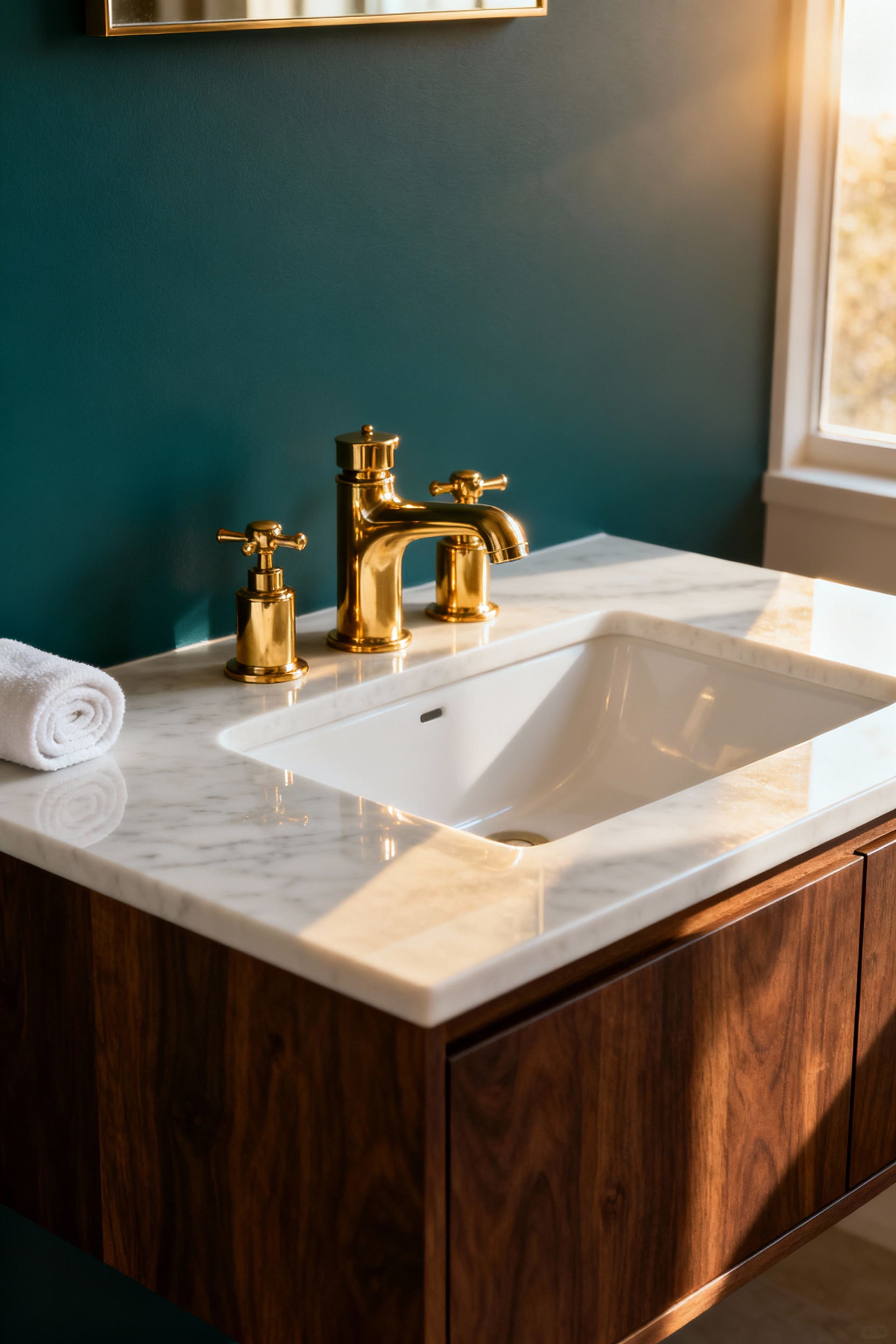 Restored polished brass three-piece widespread faucet set installed on a white quartz countertop in a dark walnut mid-century modern bathroom vanity.