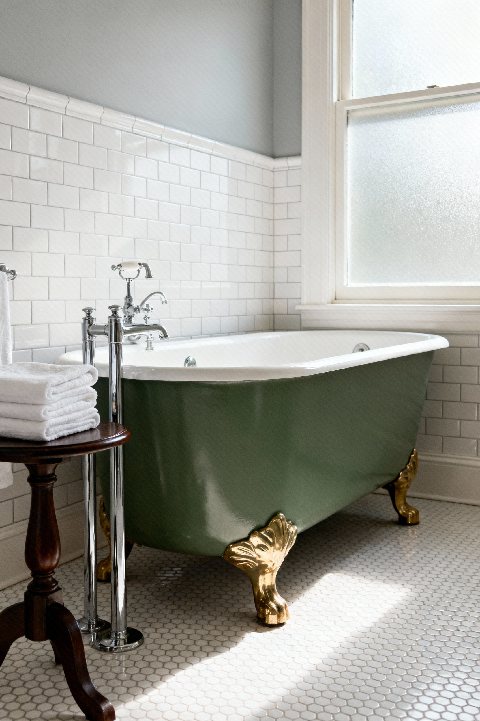Victorian clawfoot tub painted in a muted 'Dried Thyme' sage green, serving as a decorative anchor in a bright, elegant tiled bathroom.