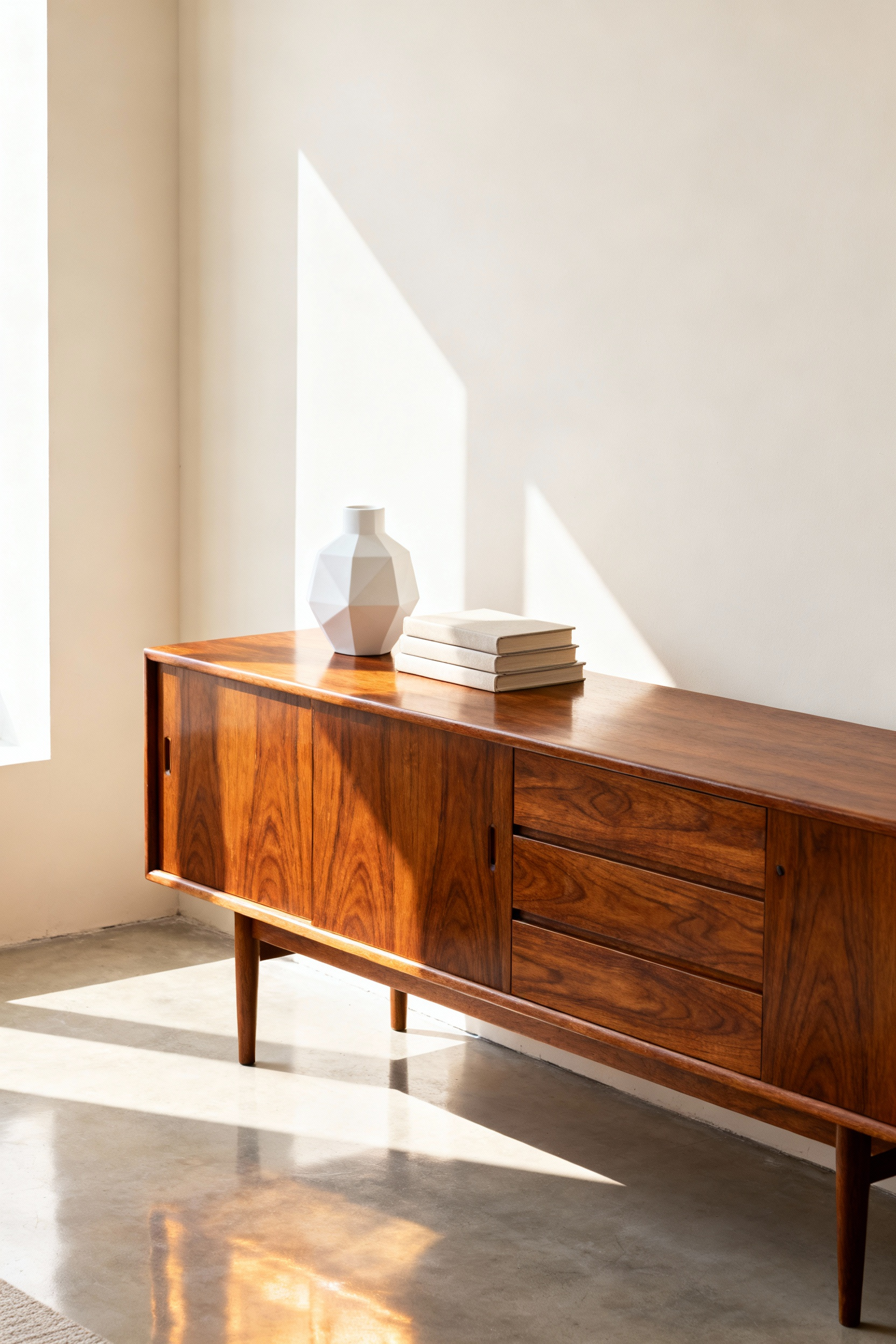 A restored mid-century teak credenza showcasing rich wood grain and natural finish, serving as the main decorative element in a minimalist modern living room setup.