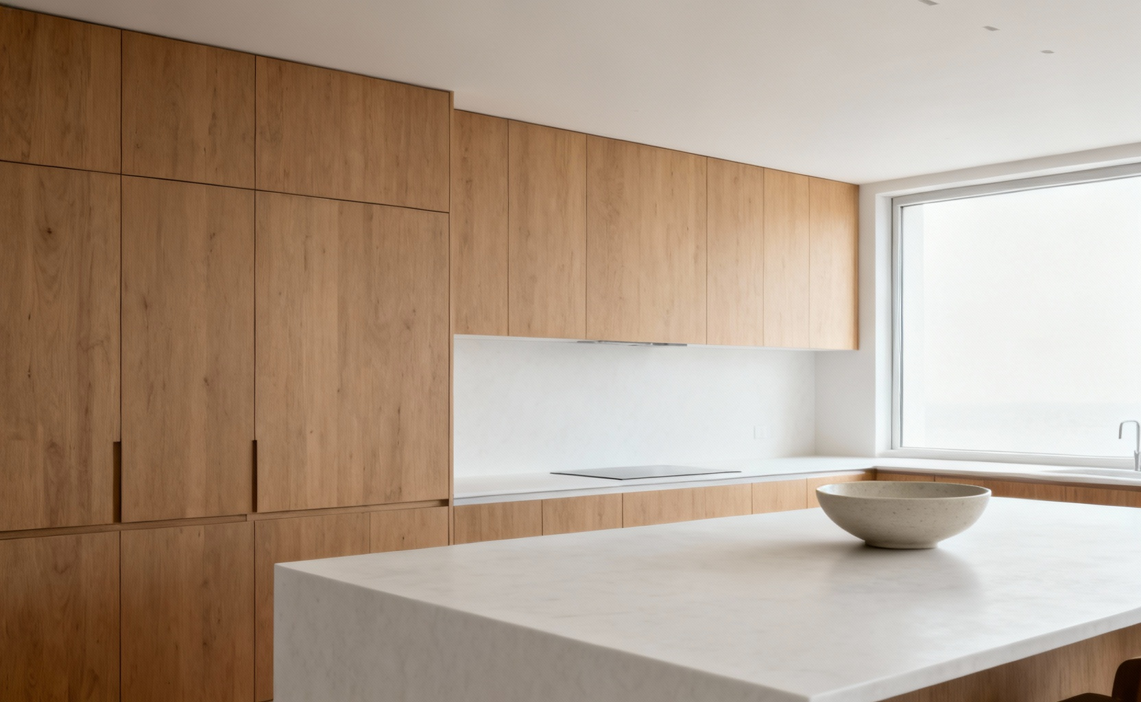 A pristine, minimalist kitchen showcasing handleless cabinetry and clean lines, emphasizing visual silence and reduced clutter for a serene environment.