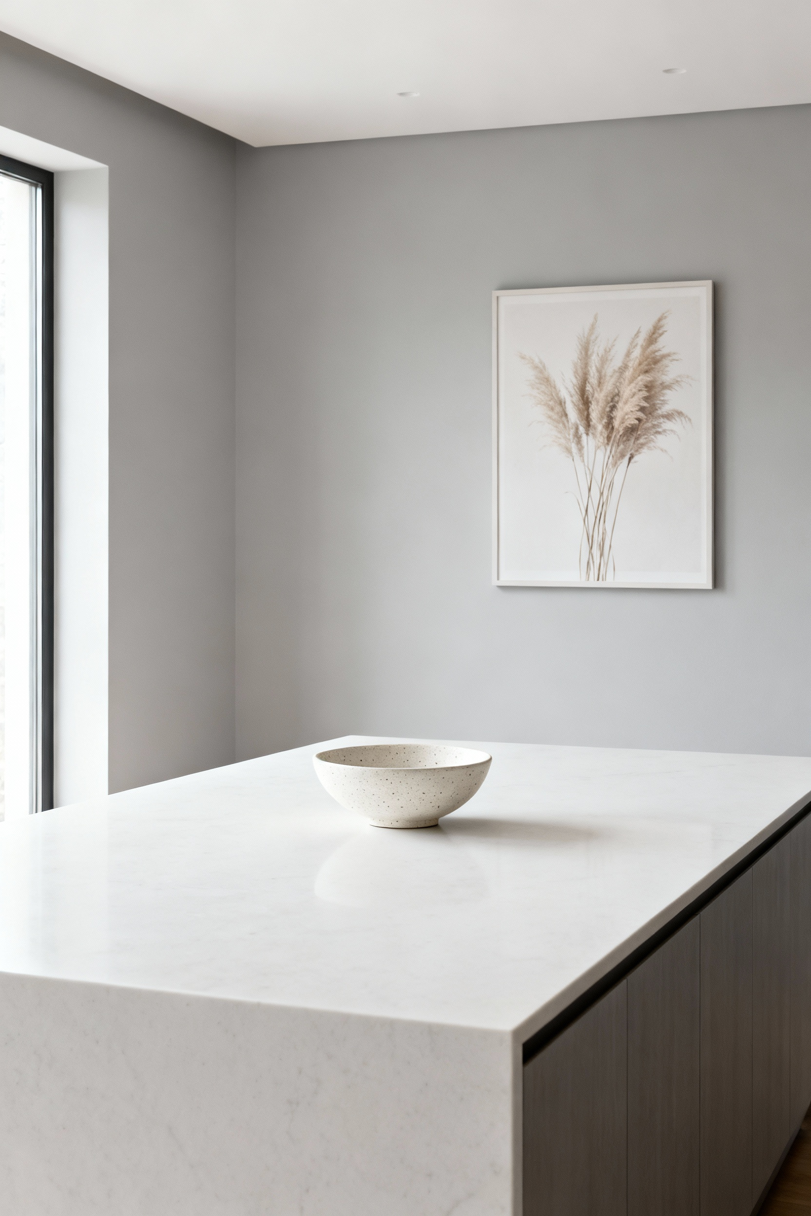 A serene minimalist kitchen features a single handcrafted ceramic bowl on a clean, vast island, beside a subtle botanical print. Represents curated artistry and purposeful decor, promoting calm.