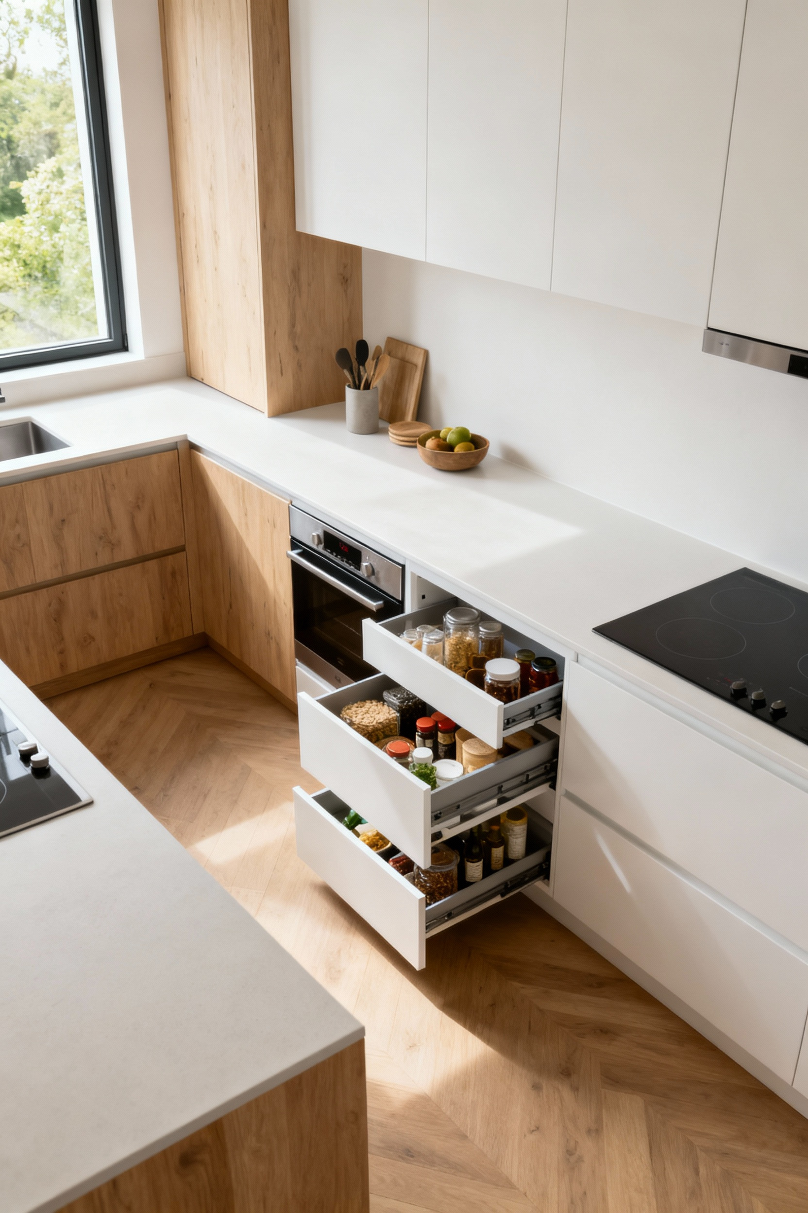 A modern minimalist kitchen featuring sleek, handle-less cabinetry, a pristine white countertop, and integrated appliances designed for intuitive navigation, illuminated by soft natural light.