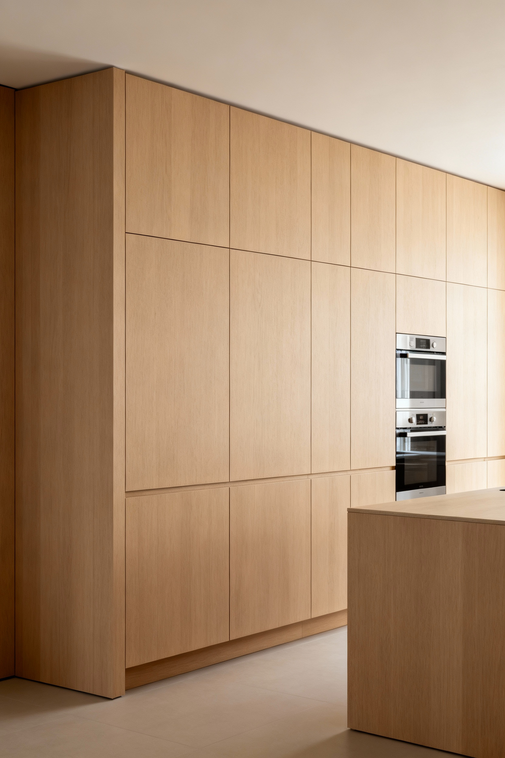 Bespoke handleless cabinetry in a minimalist kitchen, showing elegant full-height concealed storage for enhanced flow and precise containment.