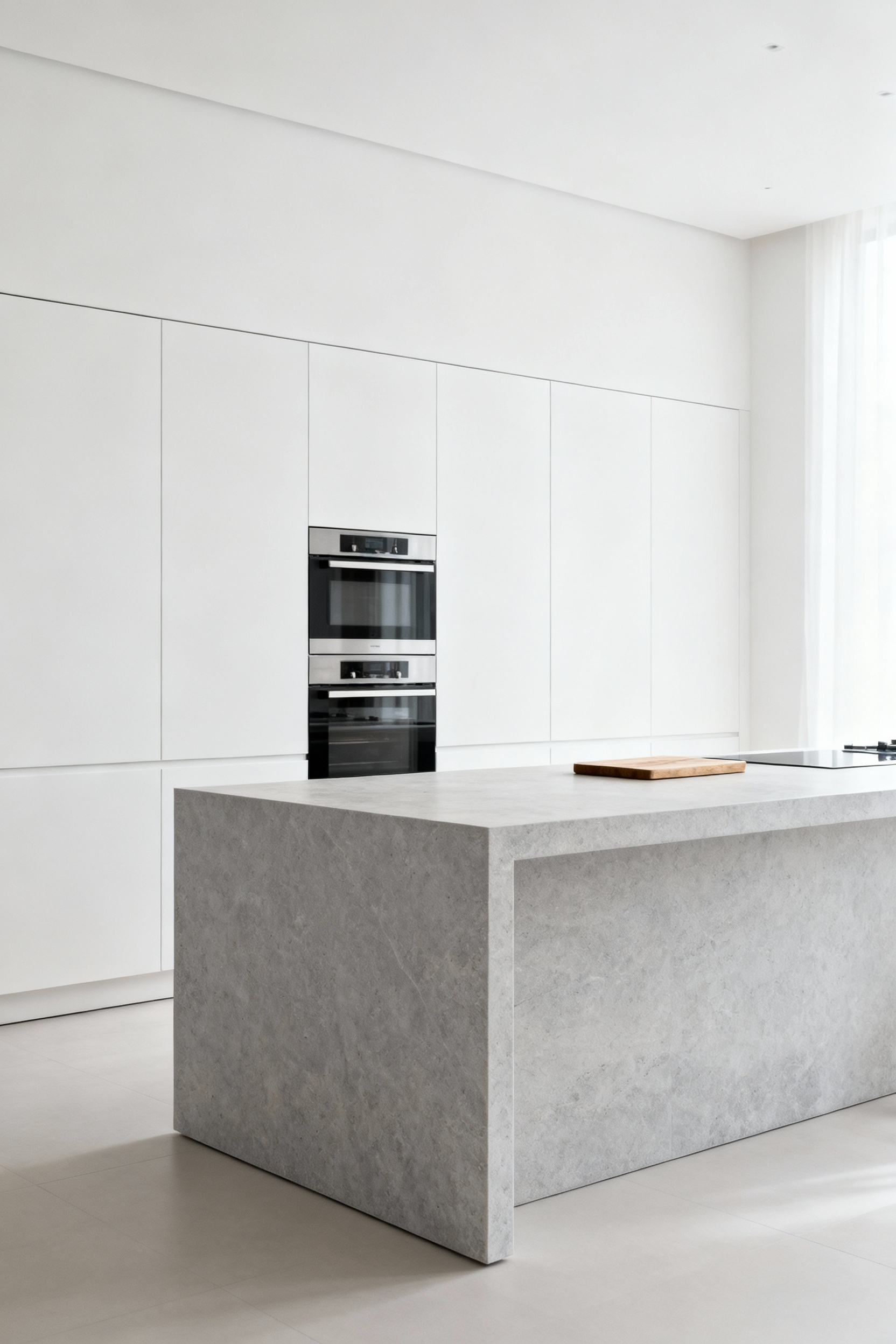 Minimalist kitchen featuring deconstructive simplicity with seamless integrated cabinetry, clean stone countertops, and natural wood accents, bathed in soft daylight.