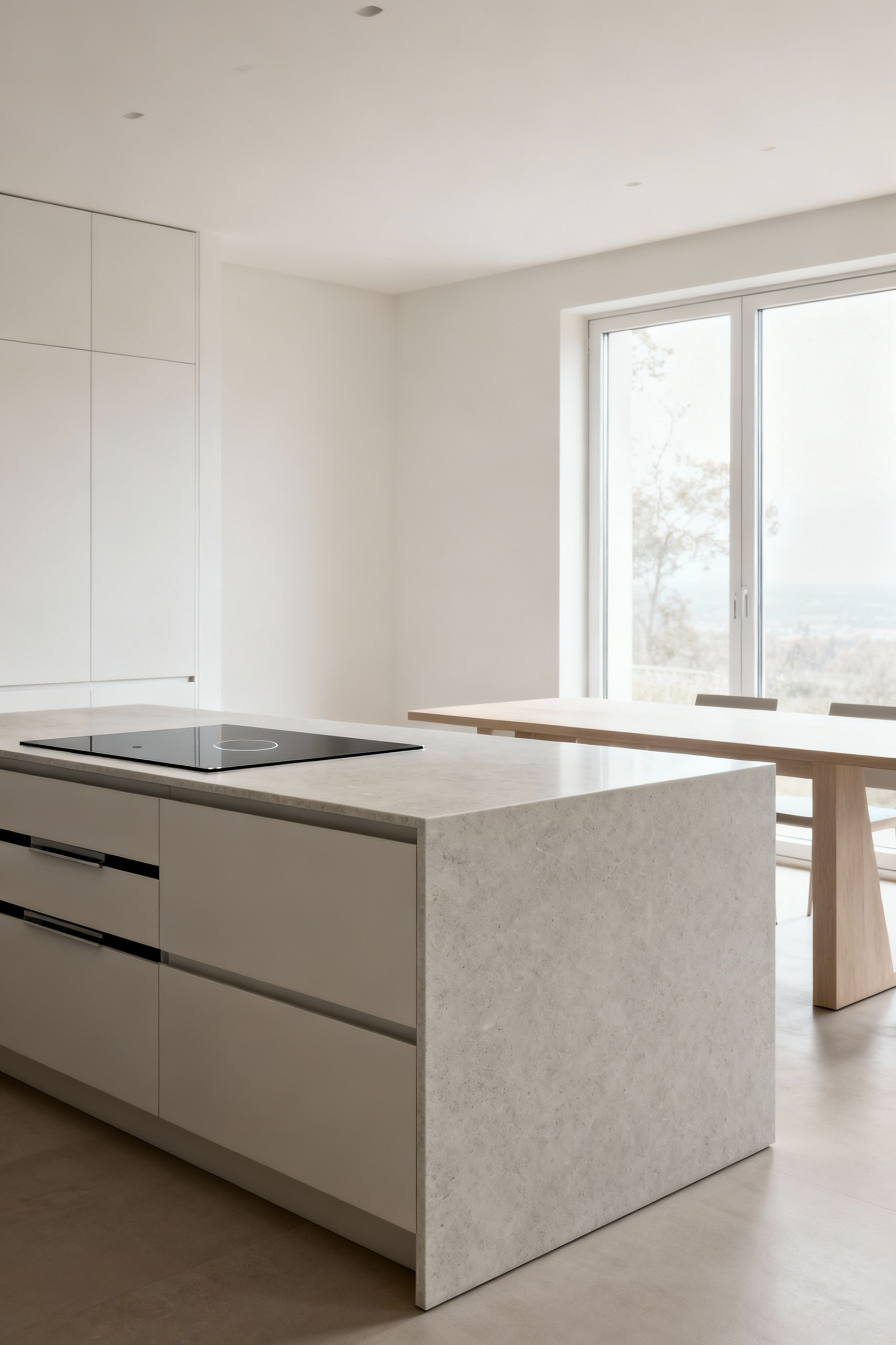 A minimalist kitchen featuring a serene, harmonized multifunctional kitchen island with an integrated hob, sleek honed quartz waterfall edge, and subtle concealed storage, bathed in soft natural light.