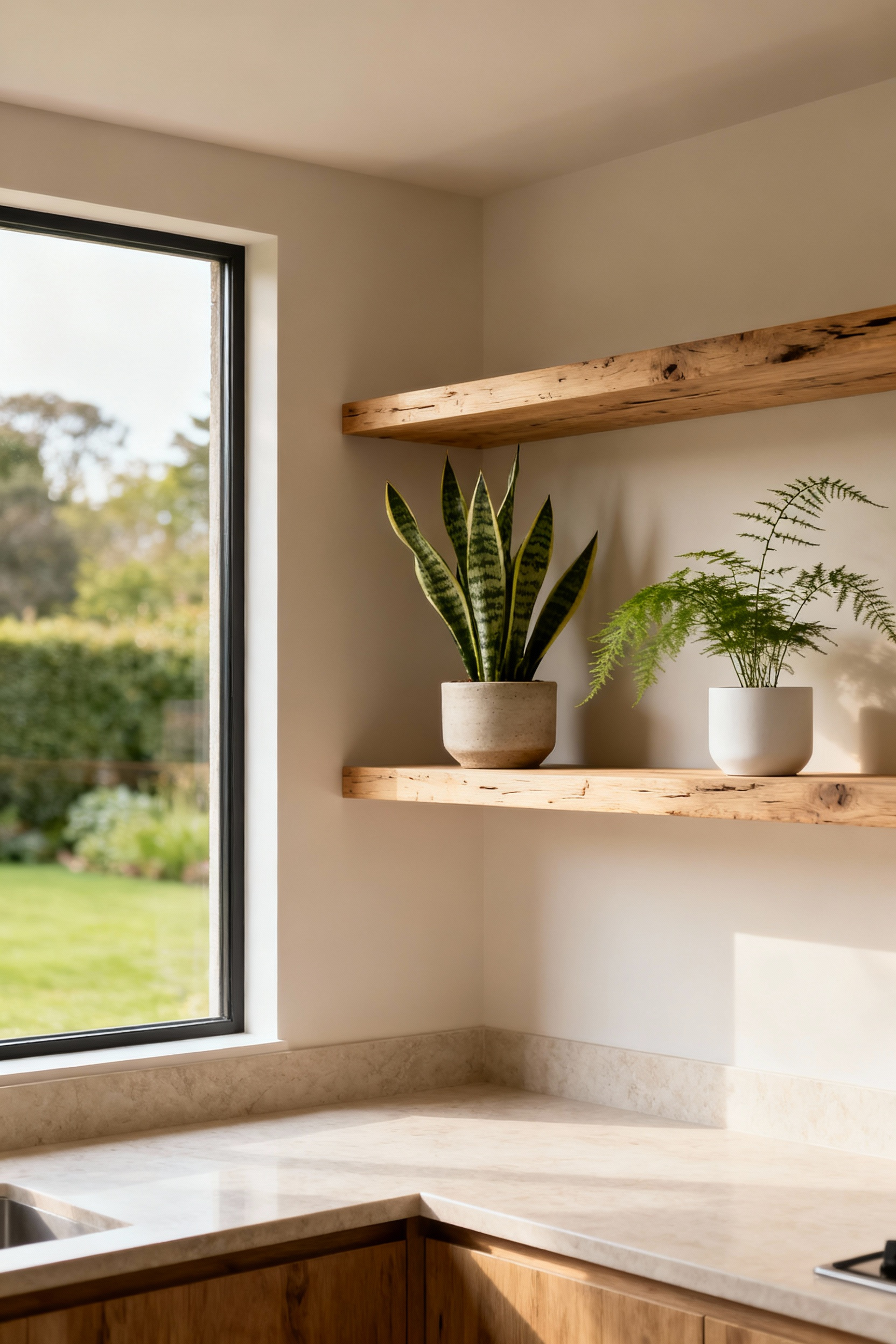 A minimalist kitchen corner with a snake plant and a fern on reclaimed oak open shelves, beside a large window providing ample natural light and a view of a green garden. The scene features natural stone countertops, showcasing biophilic design for natural calm.