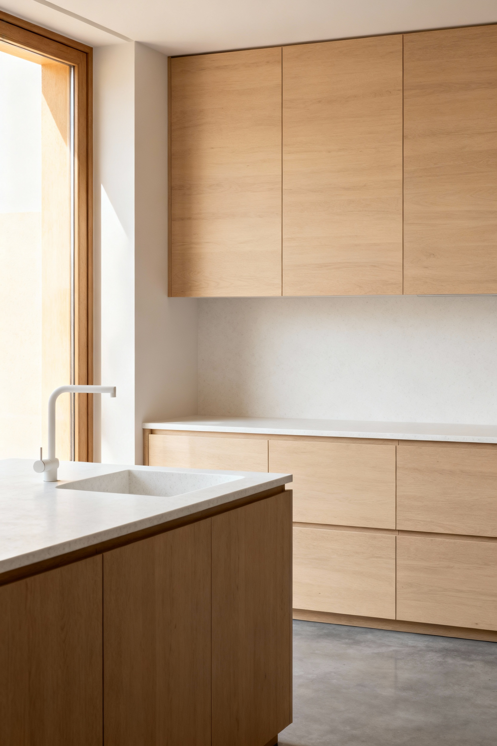 Serene minimalist kitchen with light wood cabinetry, white honed stone countertops, and polished concrete floors, showcasing a cohesive, low-impact material palette for tranquil design.