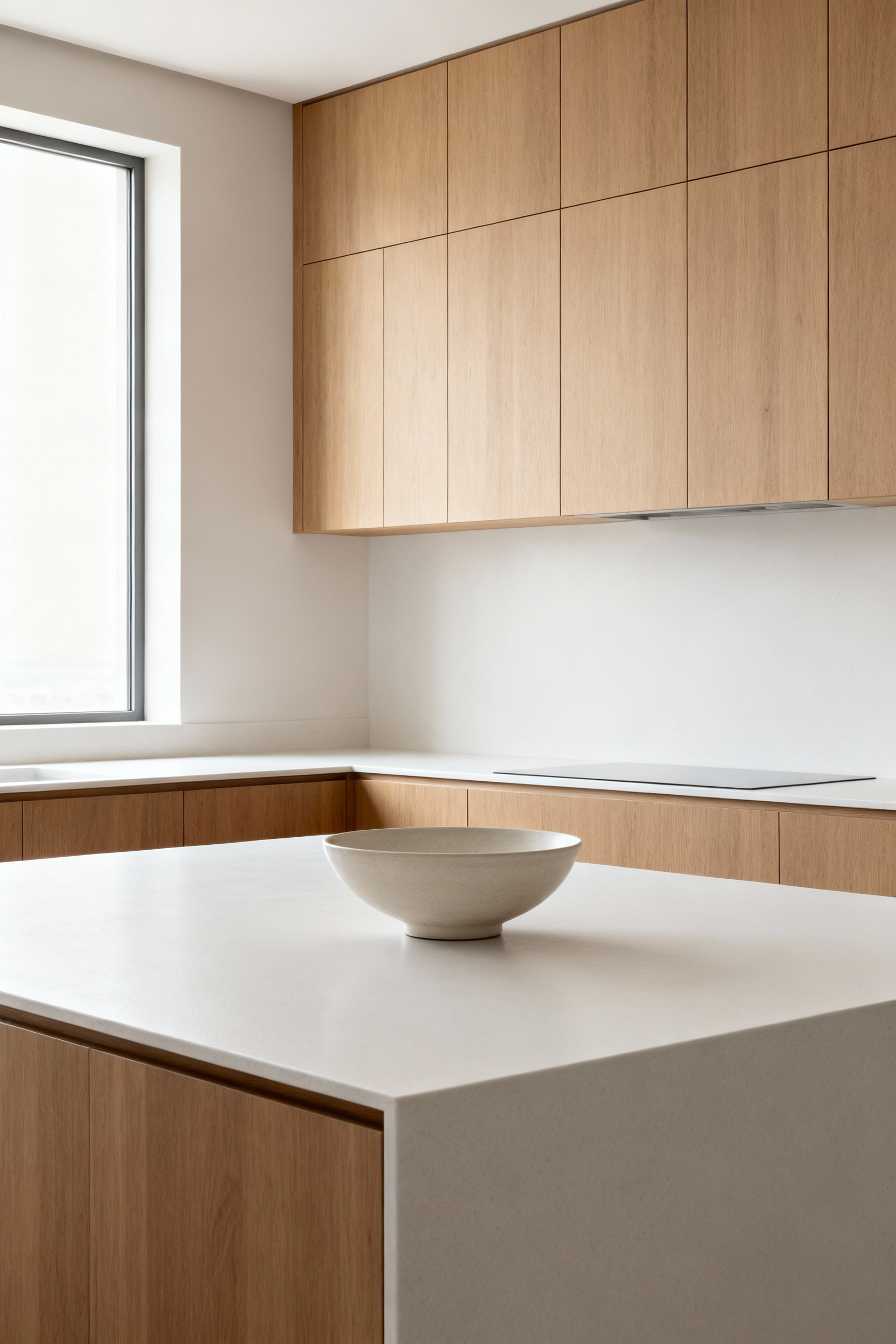A pristine, minimalist kitchen showcasing handleless cabinetry and clean lines, emphasizing visual silence and reduced clutter for a serene environment.