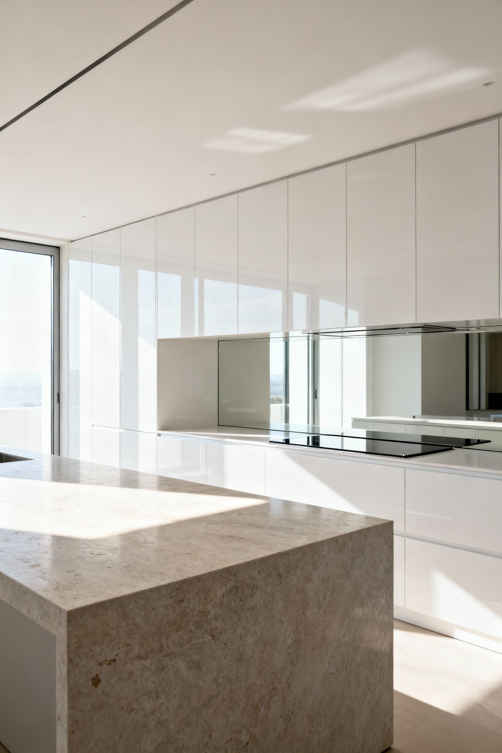A minimalist kitchen featuring high-gloss white cabinets and a large mirrored backsplash that reflect bright natural light, making the space appear larger and more open and serene.
