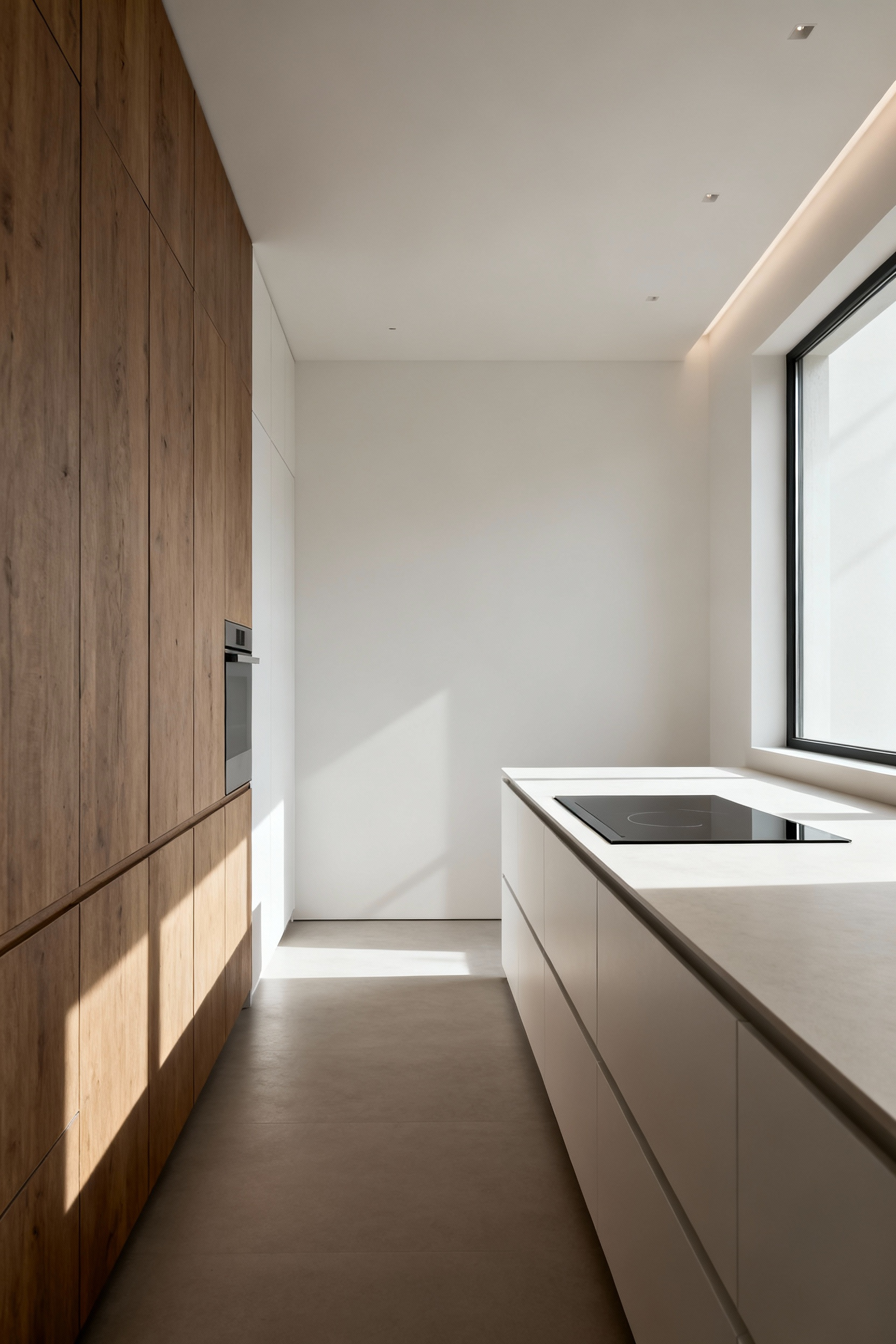 A pristine, minimalist kitchen showcasing clear, uninterrupted pathways and integrated design for optimal workflow dynamics.