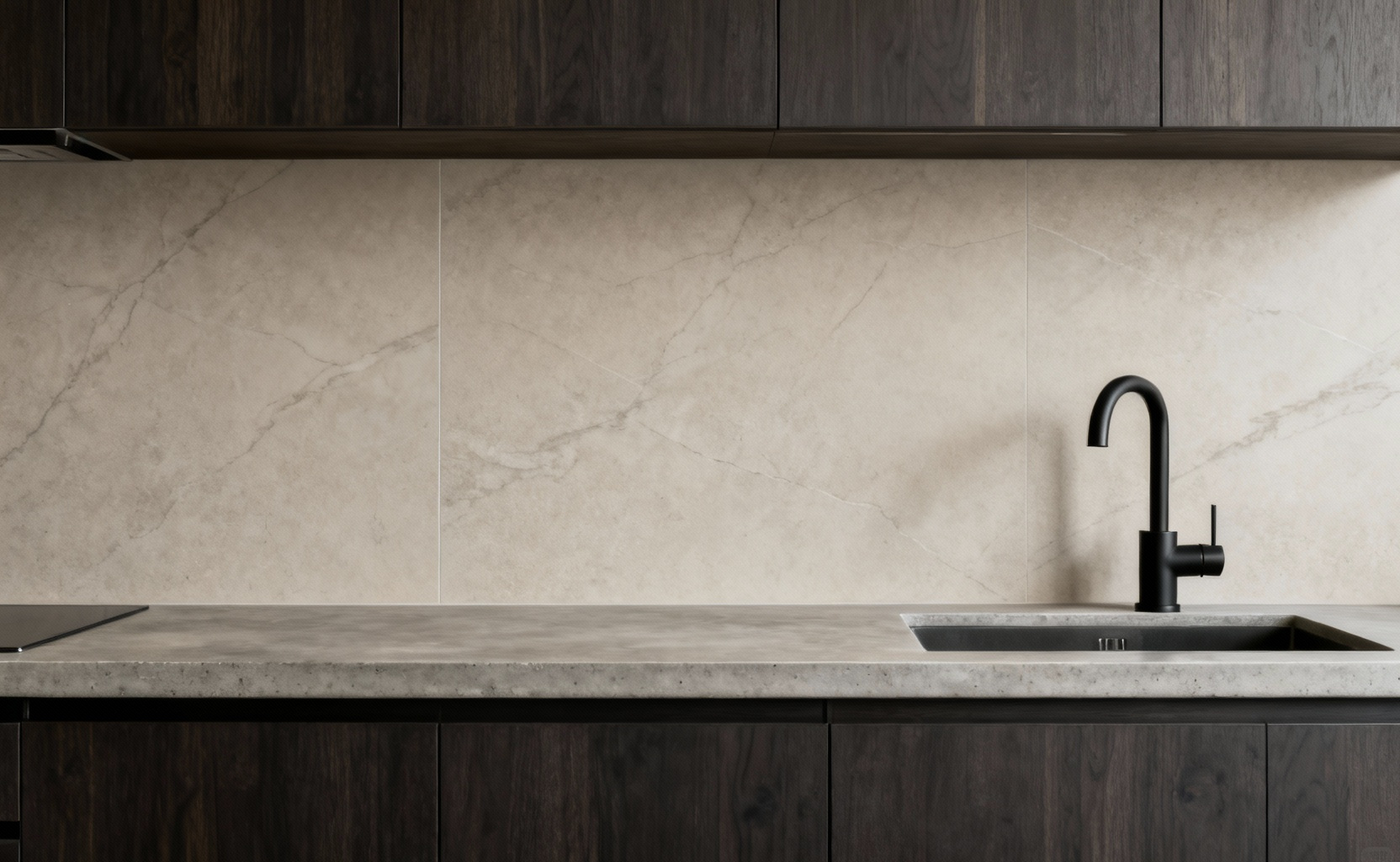 Close-up of a sophisticated urban kitchen backsplash made from large-format greige porcelain, showcasing its smooth, durable finish. Features an undermount sink and matte black faucet, emphasizing sleekness and modern design. Professional photo, no people.