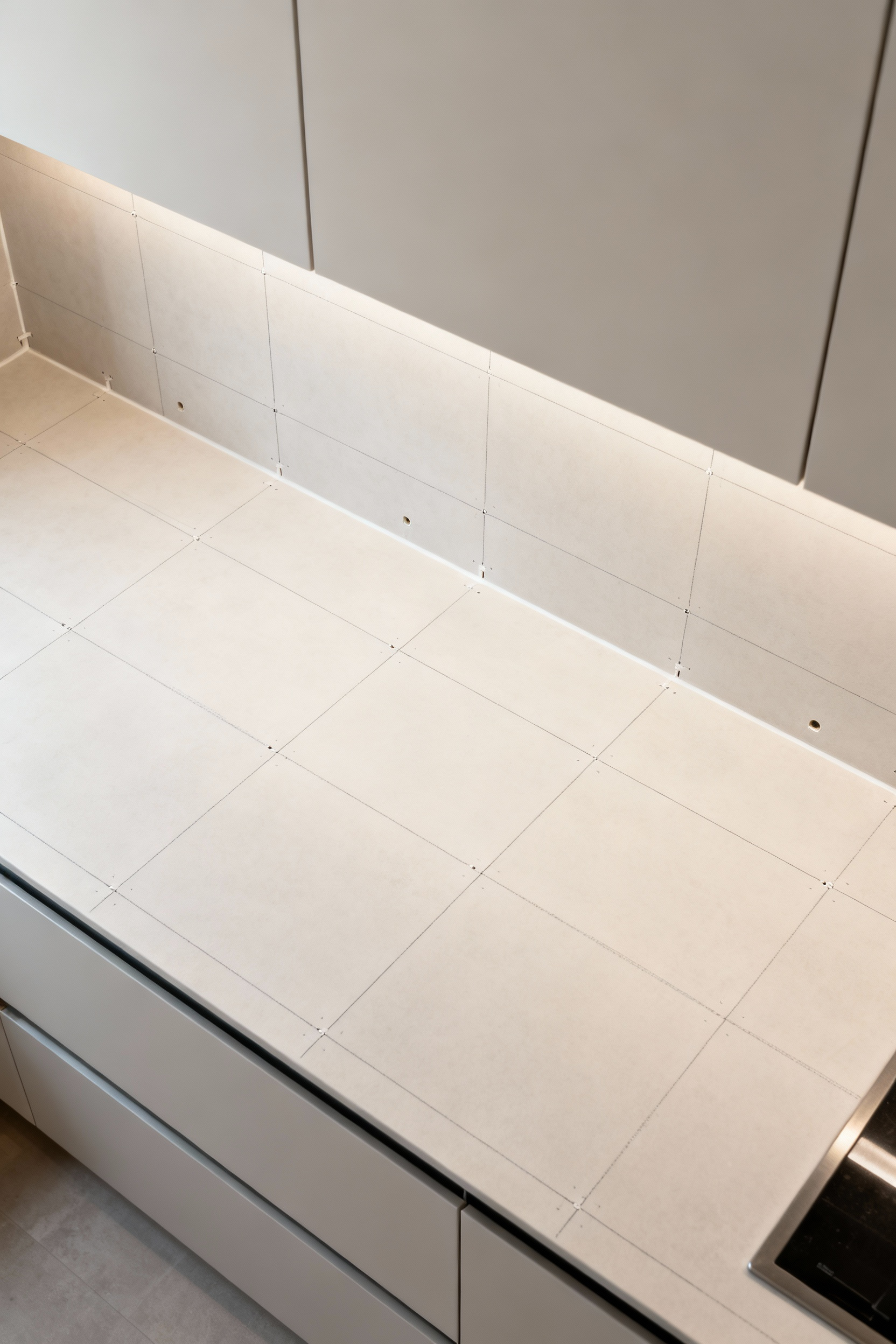 Detailed view of a kitchen backsplash area with precise measurement outlines, highlighting accurate planning for installation.