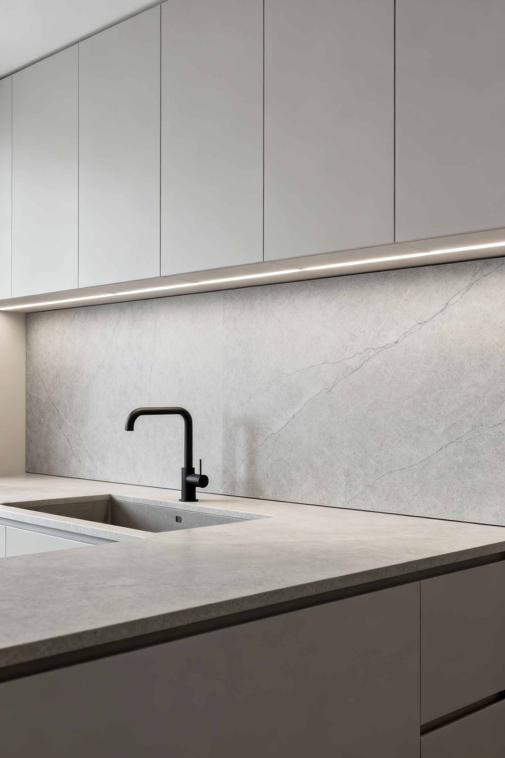 A minimalist kitchen featuring a full-height, seamless light grey large-format sintered stone slab backsplash. An integrated modern sink and sleek black faucet are visible against the smooth surface, which is elegantly lit by subtle under-cabinet LED lighting, showcasing contemporary design and an expansive, unbroken feel.
