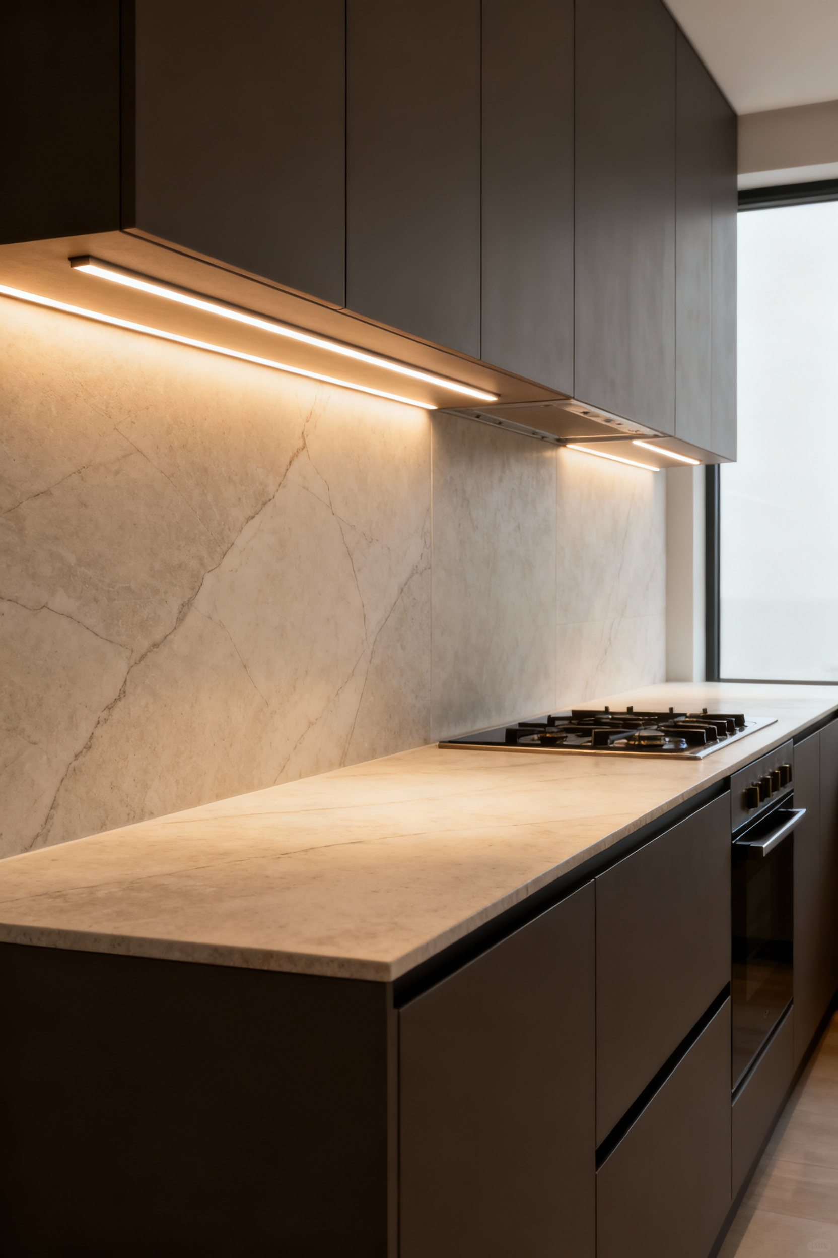 Urban kitchen with integrated LED linear lighting in a porcelain slab backsplash, providing both task and ambient illumination, highlighting material textures.