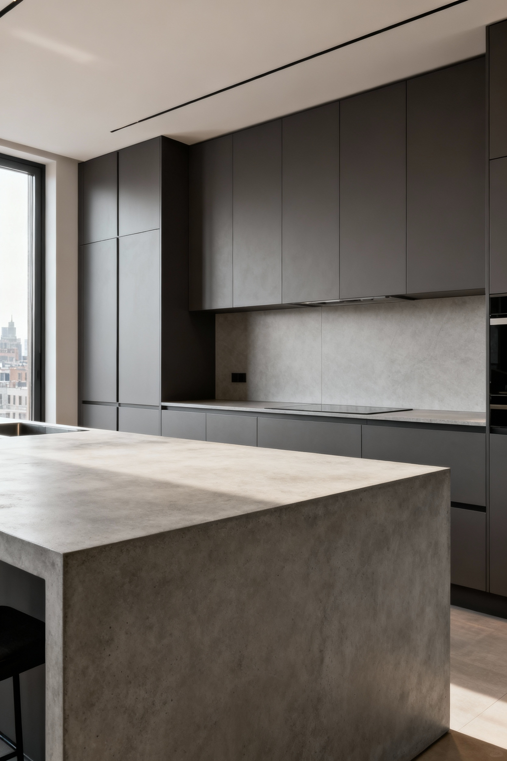 Urban kitchen with cohesive design featuring honed concrete countertop and large-format porcelain slab backsplash, demonstrating seamless material dialogue.