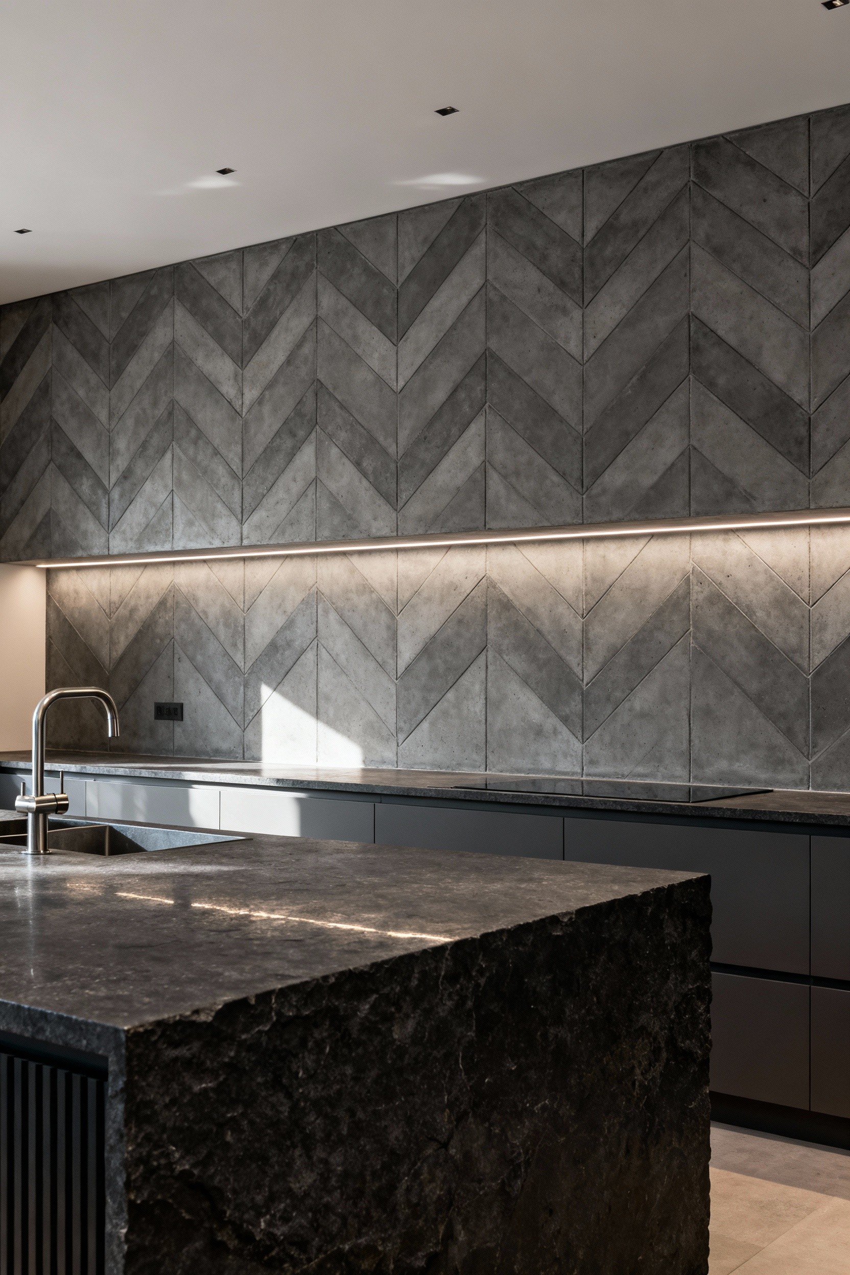 A modern urban kitchen showcasing an impressive patterned backsplash of matte concrete tiles in an inverted chevron layout, creating dynamic visual interest and a sophisticated architectural statement.