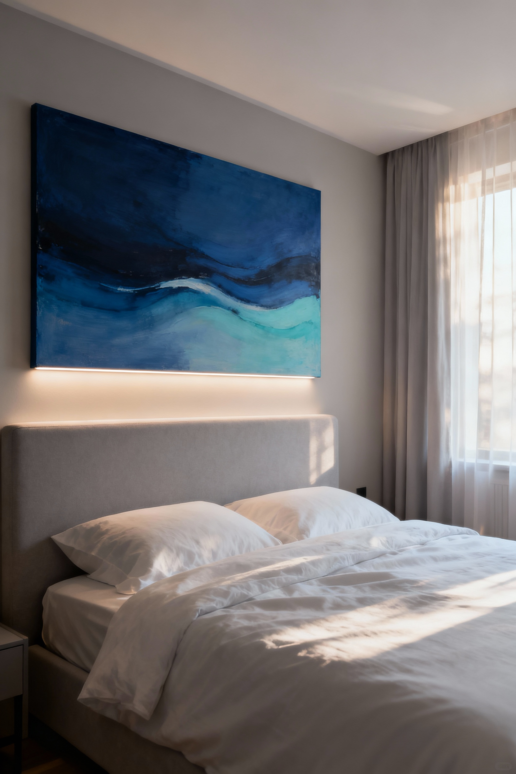 Elegant bedroom with a large blue abstract art piece above the headboard, illuminated by soft ambient lighting, promoting serenity and personal well-being.